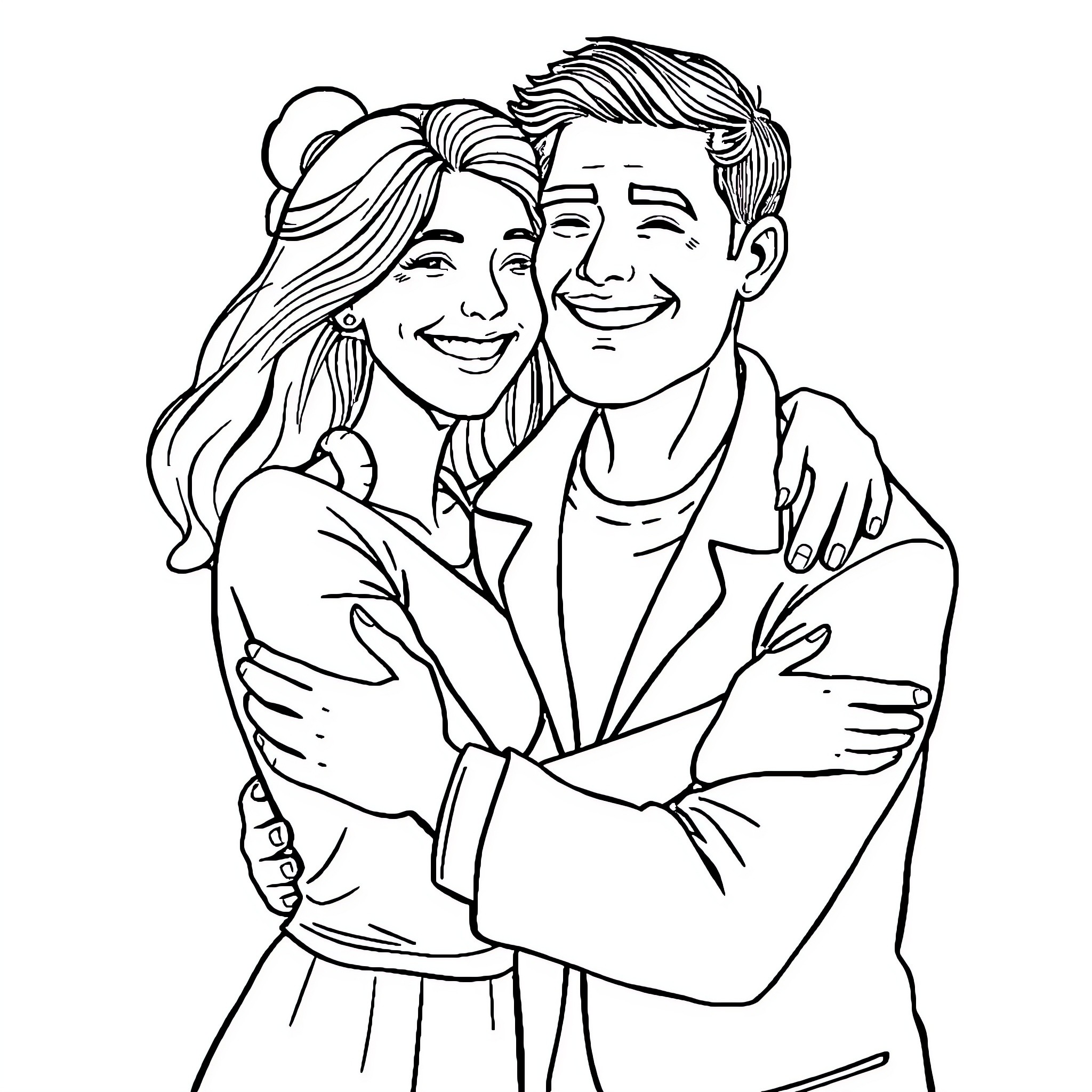 Wife and husband embracing affectionately Coloring Page (free black-and-white line drawing printable PDF for all, from beginners to advanced learners, including children, teens, adults, and seniors)