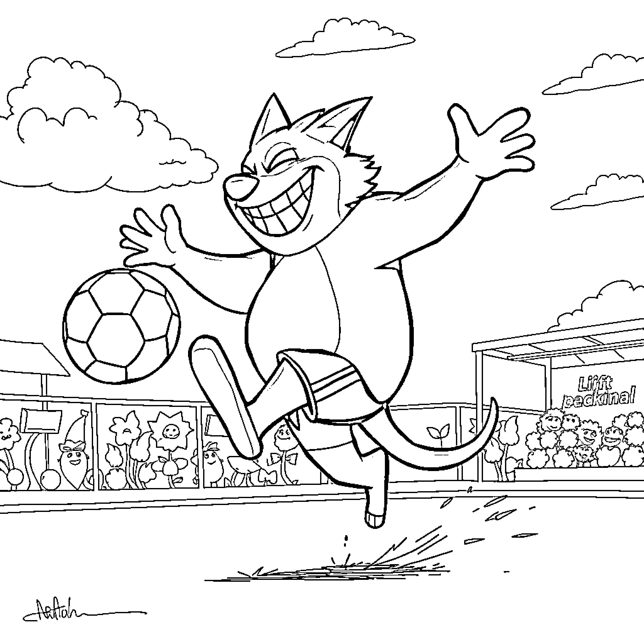 Gengar playing joyfully with soccer ball on field Coloring Page (free black-and-white line drawing printable PDF for all, from beginners to advanced learners, including children, teens, adults, and seniors)