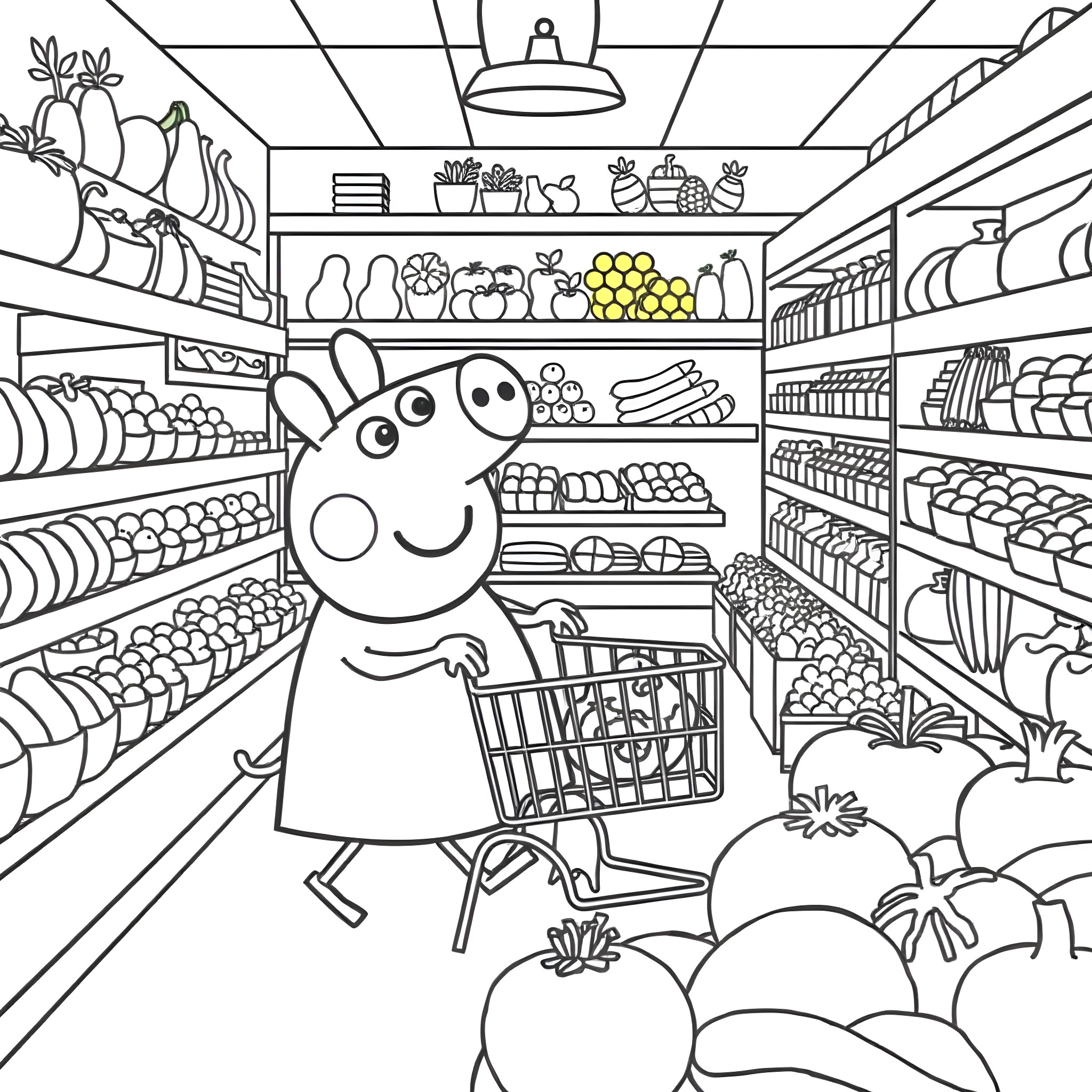 Peppa Pig shopping happily in the grocery store Coloring Page (free black-and-white line drawing printable PDF for all, from beginners to advanced learners, including children, teens, adults, and seniors)