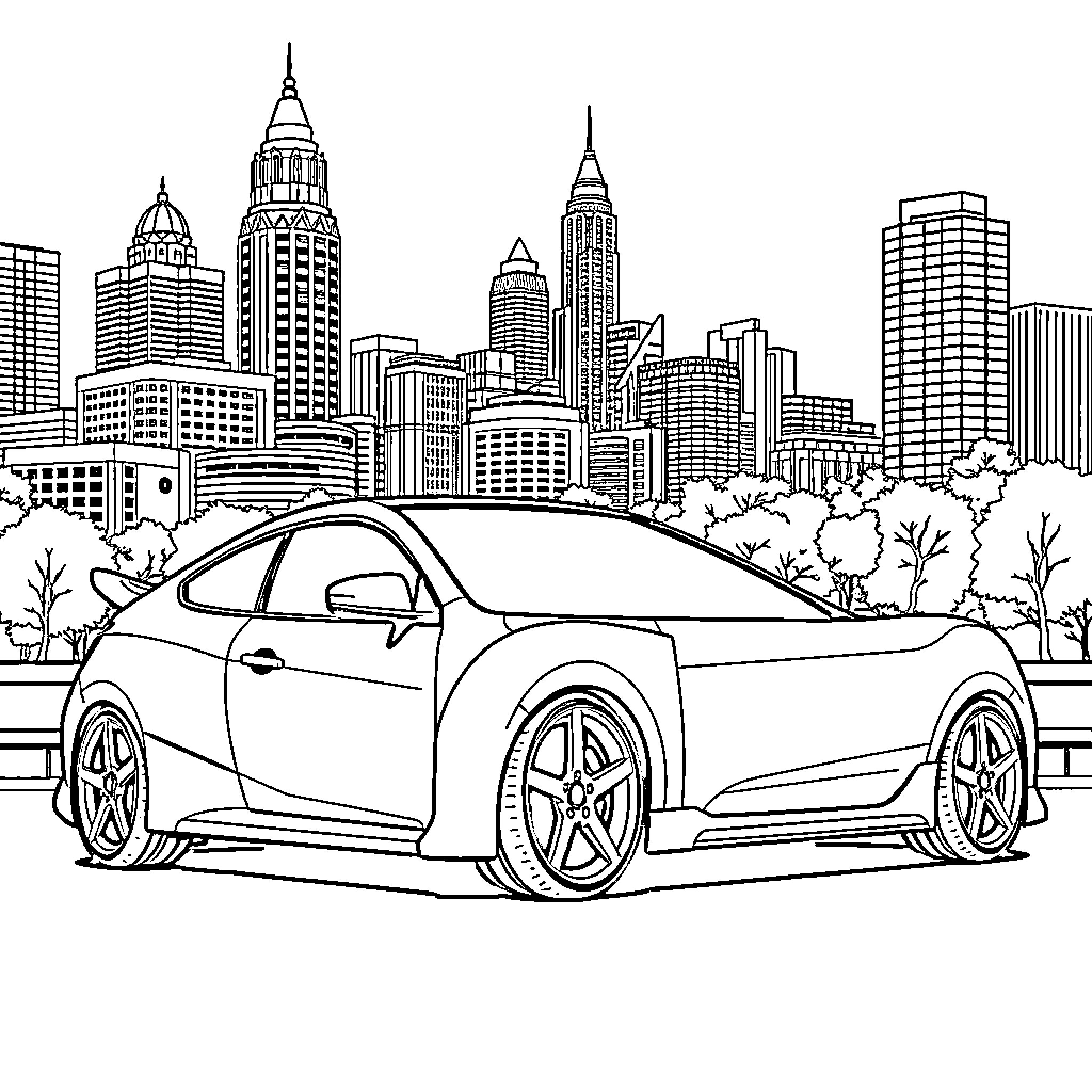 Honda Civic driving through the city skyline Coloring Page (free black-and-white line drawing printable PDF for all, from beginners to advanced learners, including children, teens, adults, and seniors)