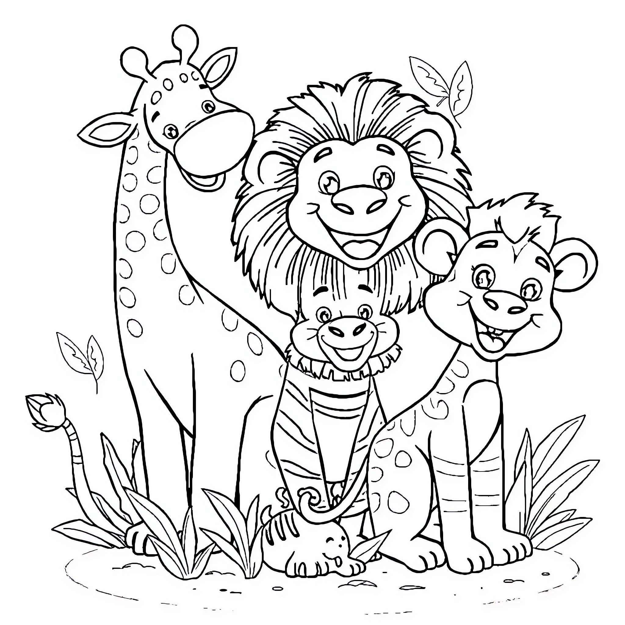 Animal friends playing happily in the jungle Coloring Page (free black-and-white line drawing printable PDF for all, from beginners to advanced learners, including children, teens, adults, and seniors)