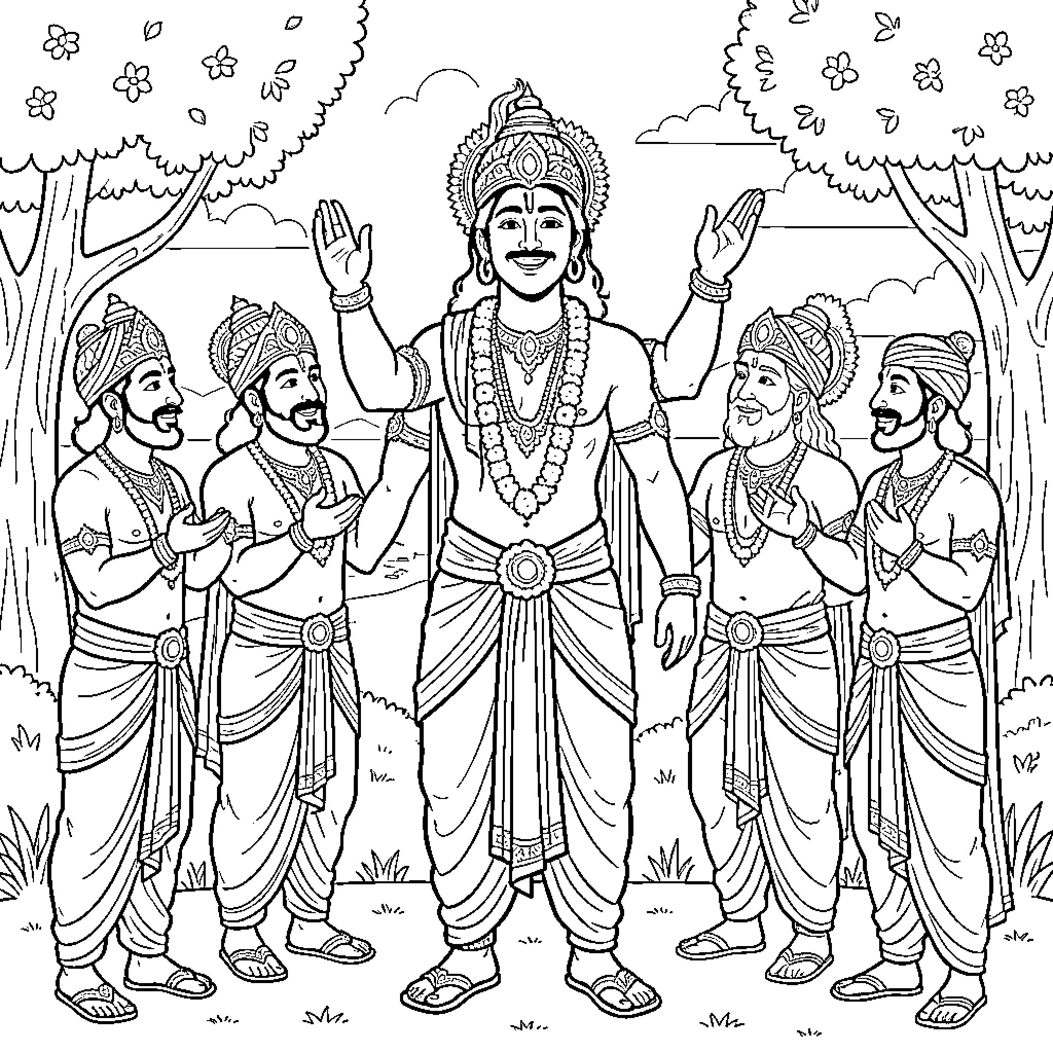 Lord Ram blessing followers in a serene forest scene Coloring Page (free black-and-white line drawing printable PDF for all, from beginners to advanced learners, including children, teens, adults, and seniors)