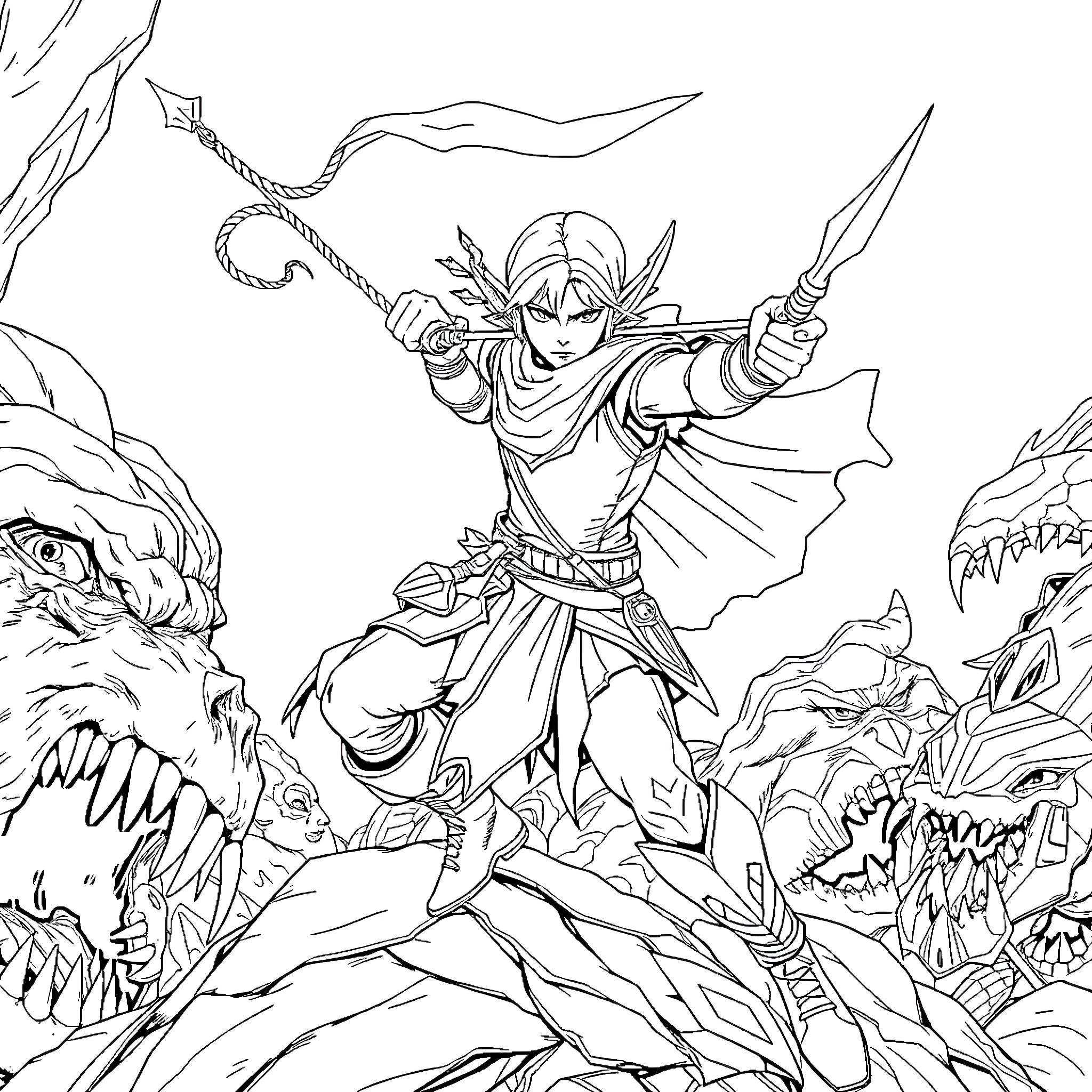 Elf Warrior Battles Fearsome Creatures Coloring Page (free black-and-white line drawing printable PDF for all, from beginners to advanced learners, including children, teens, adults, and seniors)