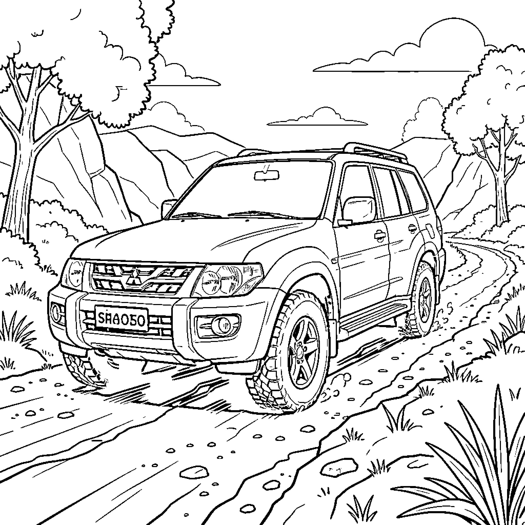 Mitsubishi Pajero off-road adventure in nature Coloring Page (free black-and-white line drawing printable PDF for all, from beginners to advanced learners, including children, teens, adults, and seniors)