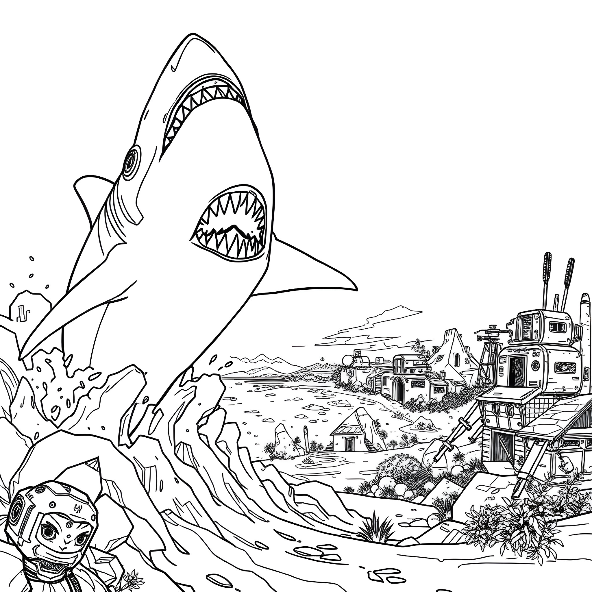 Shark attacking with ferocious jaws near coastal town Coloring Page (free black-and-white line drawing printable PDF for all, from beginners to advanced learners, including children, teens, adults, and seniors)