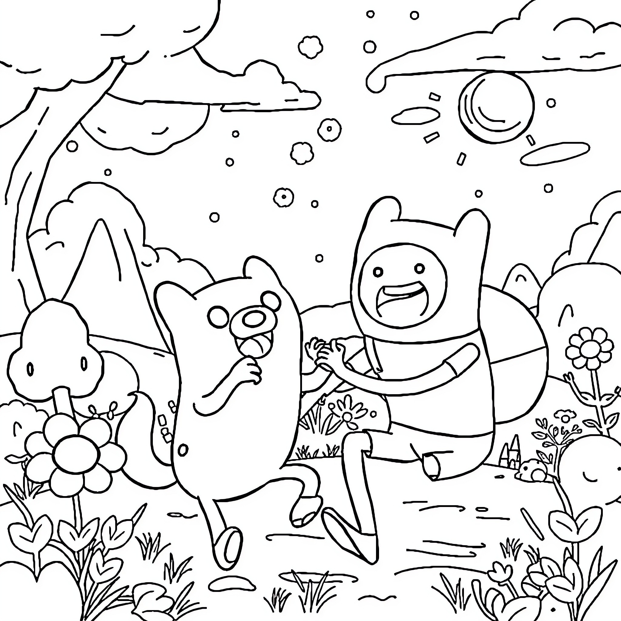 Jake's Adventure in a Whimsical Wonderland Coloring Page (free black-and-white line drawing printable PDF for all, from beginners to advanced learners, including children, teens, adults, and seniors)