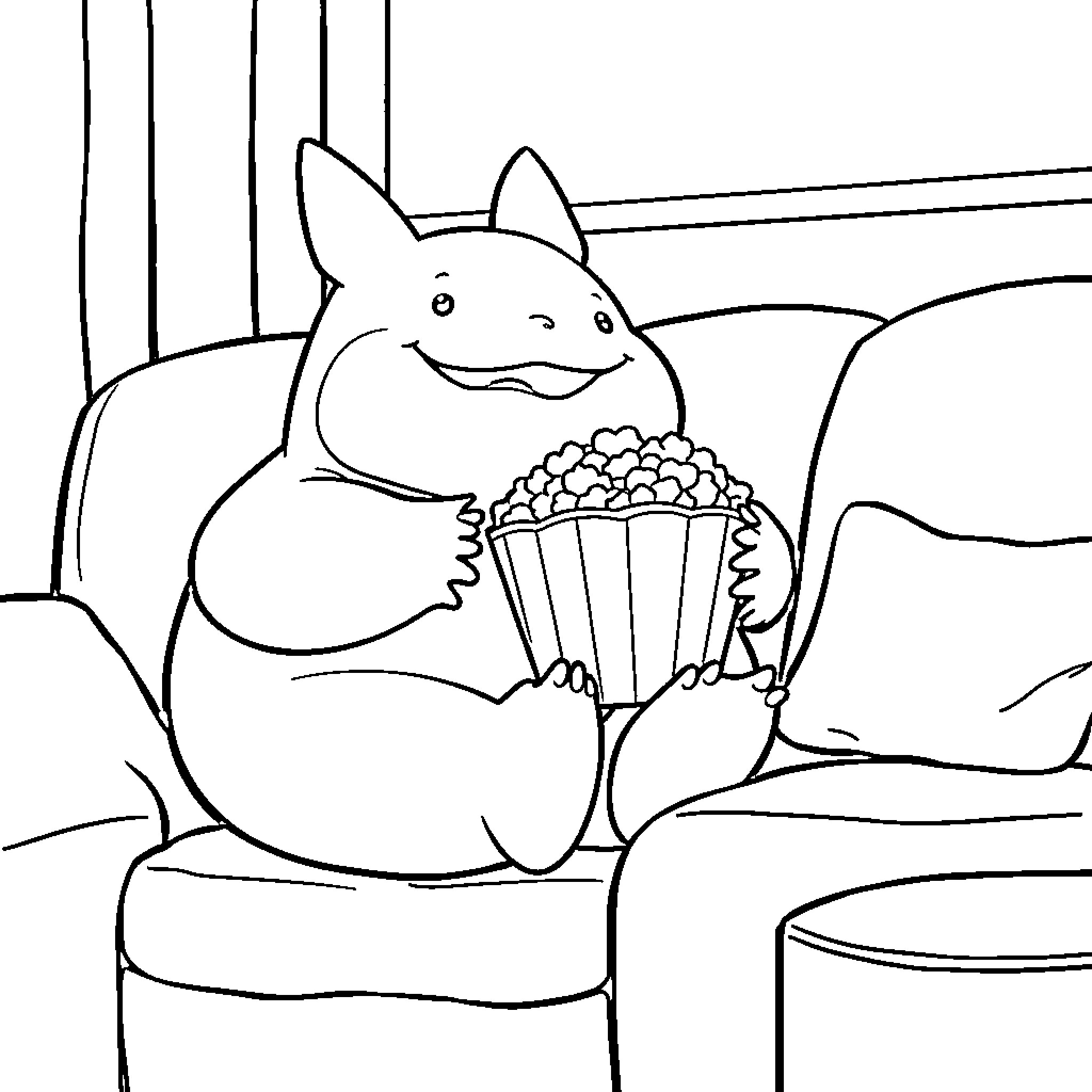 Snorlax enjoying a snack while relaxing on the couch Coloring Page (free black-and-white line drawing printable PDF for all, from beginners to advanced learners, including children, teens, adults, and seniors)