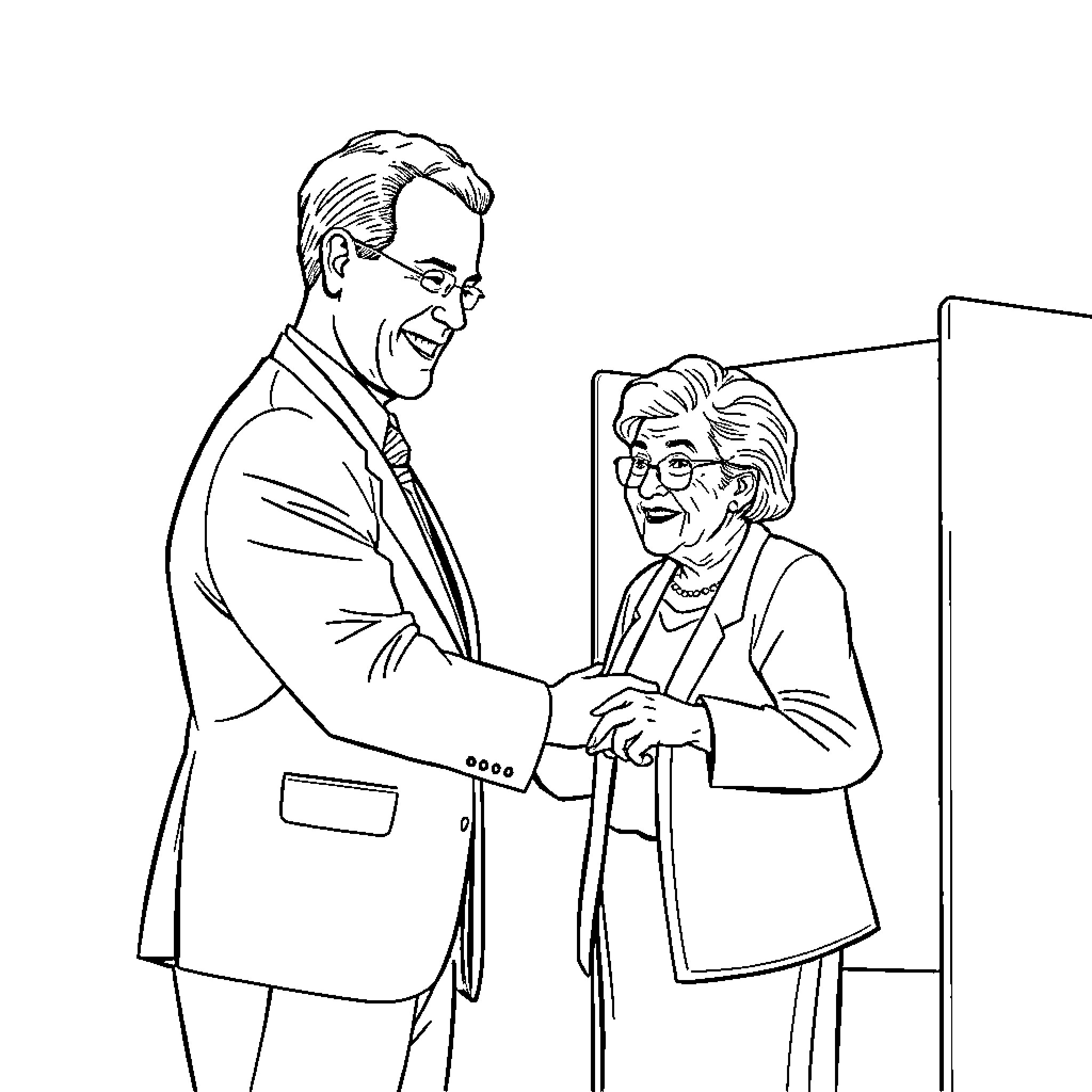 Clerk assisting elderly customer in office Coloring Page (free black-and-white line drawing printable PDF for all, from beginners to advanced learners, including children, teens, adults, and seniors)