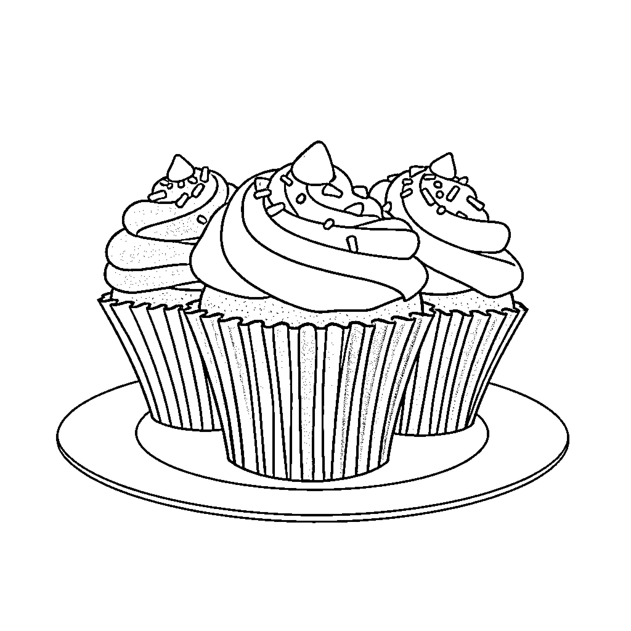 Cupcakes arranged on a plate Coloring Page (free black-and-white line drawing printable PDF for all, from beginners to advanced learners, including children, teens, adults, and seniors)