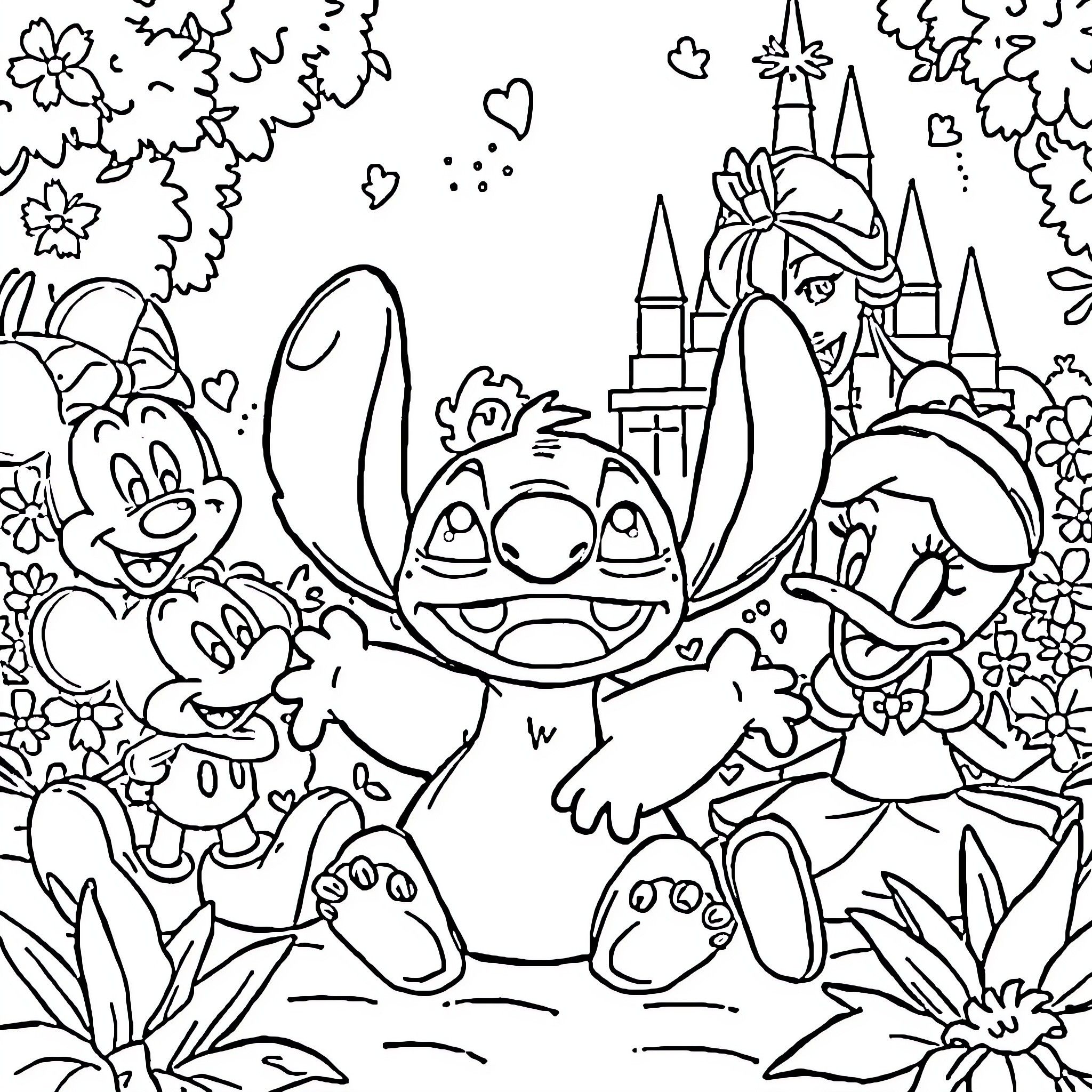 Stitch enjoying a magical day with friends Coloring Page (free black-and-white line drawing printable PDF for all, from beginners to advanced learners, including children, teens, adults, and seniors)