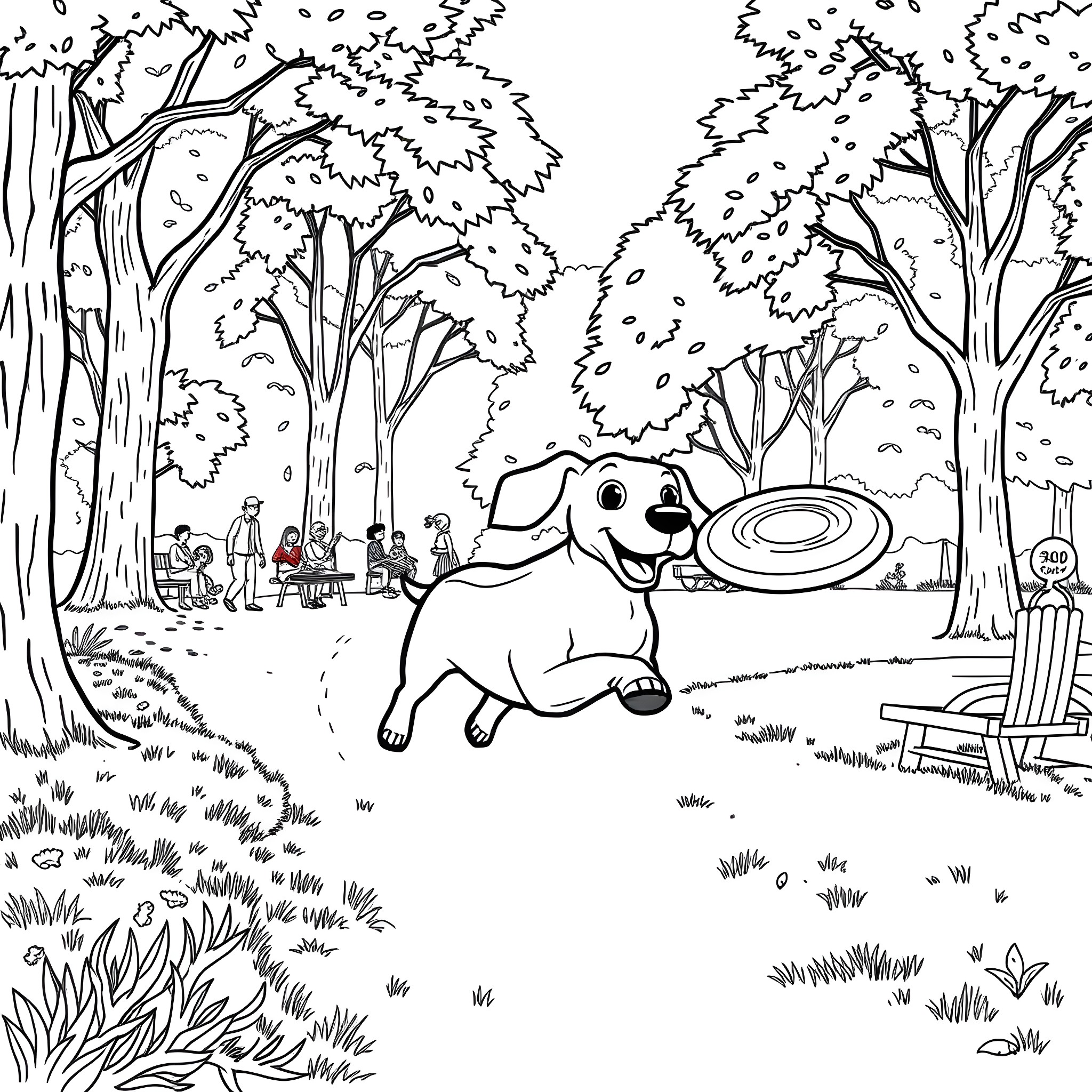 Dog playing with frisbee in the park Coloring Page (free black-and-white line drawing printable PDF for all, from beginners to advanced learners, including children, teens, adults, and seniors)