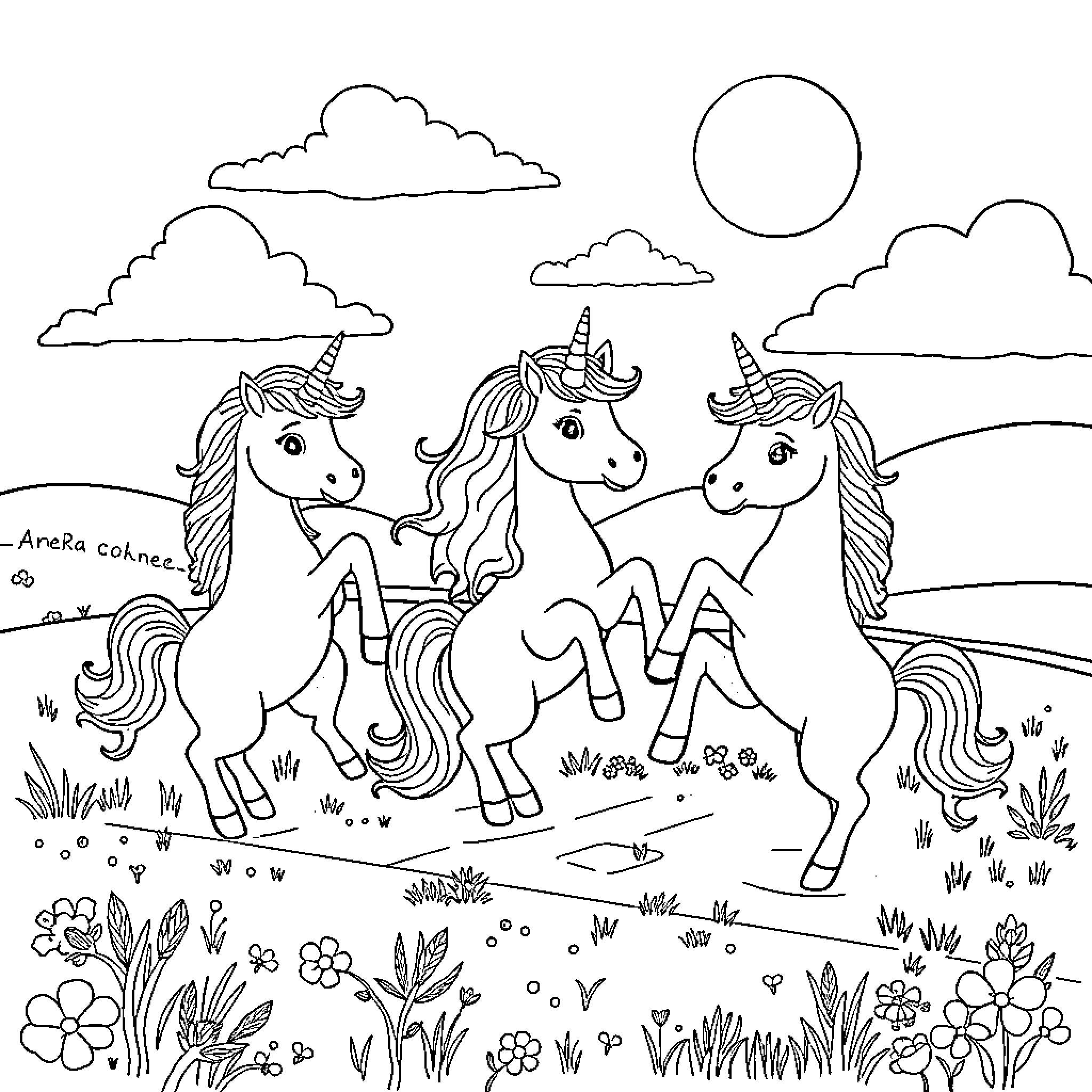 Unicorn friends frolicking in a magical meadow Coloring Page (free black-and-white line drawing printable PDF for all, from beginners to advanced learners, including children, teens, adults, and seniors)