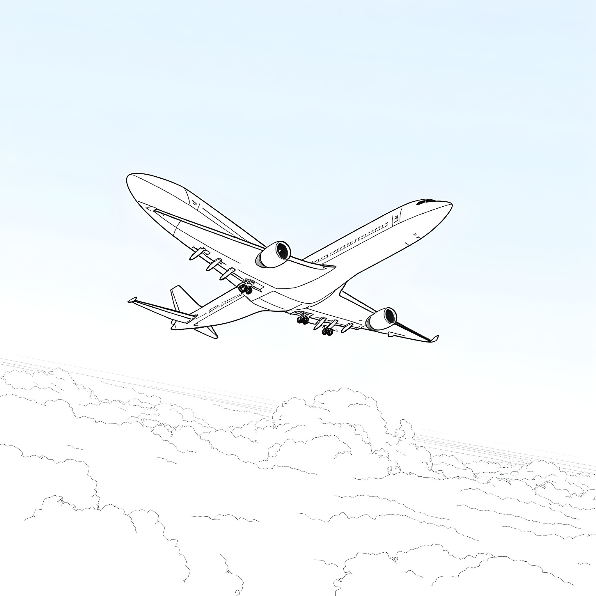 Airplane soaring through cloudy skies Coloring Page (free black-and-white line drawing printable PDF for all, from beginners to advanced learners, including children, teens, adults, and seniors)