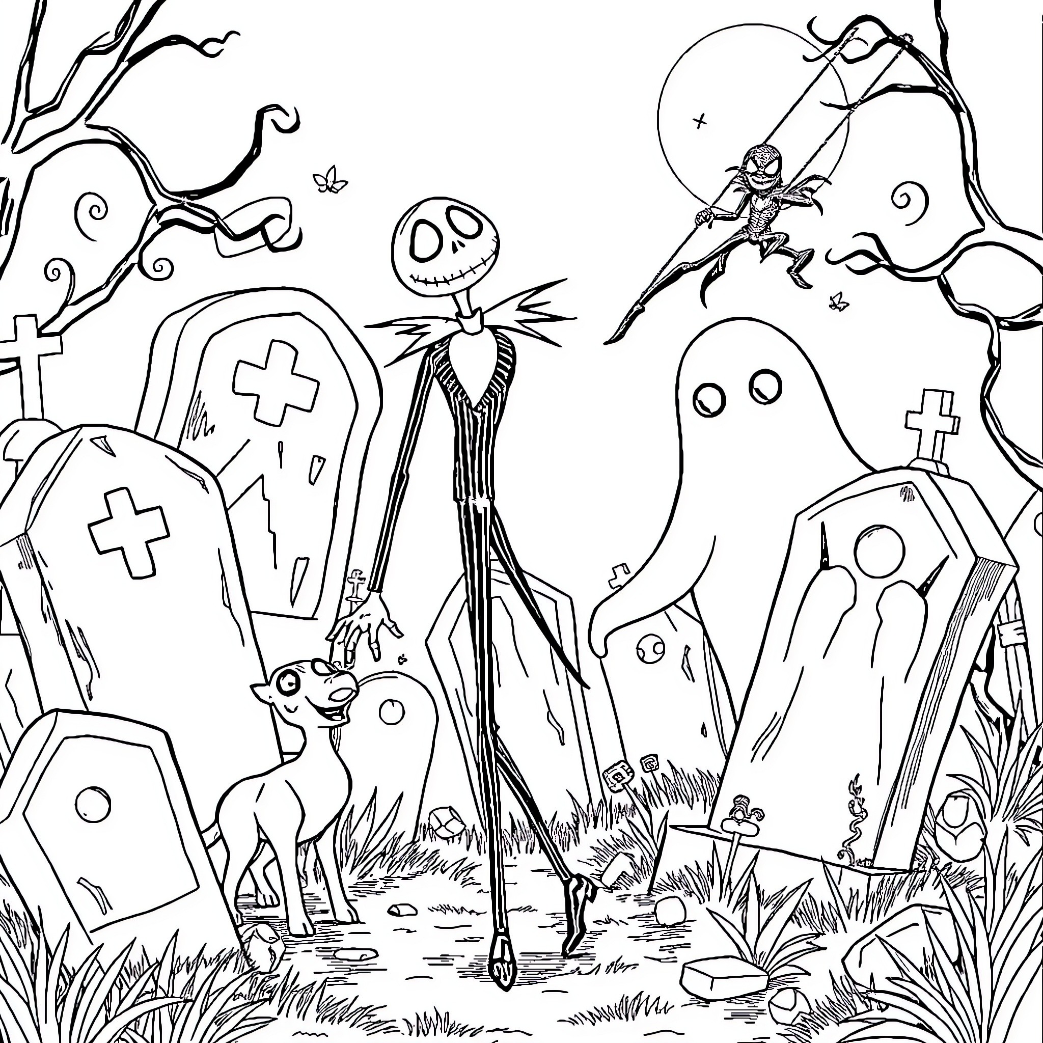 Jack Skellington Exploring a Spooky Graveyard at Nightfall Coloring Page (free black-and-white line drawing printable PDF for all, from beginners to advanced learners, including children, teens, adults, and seniors)