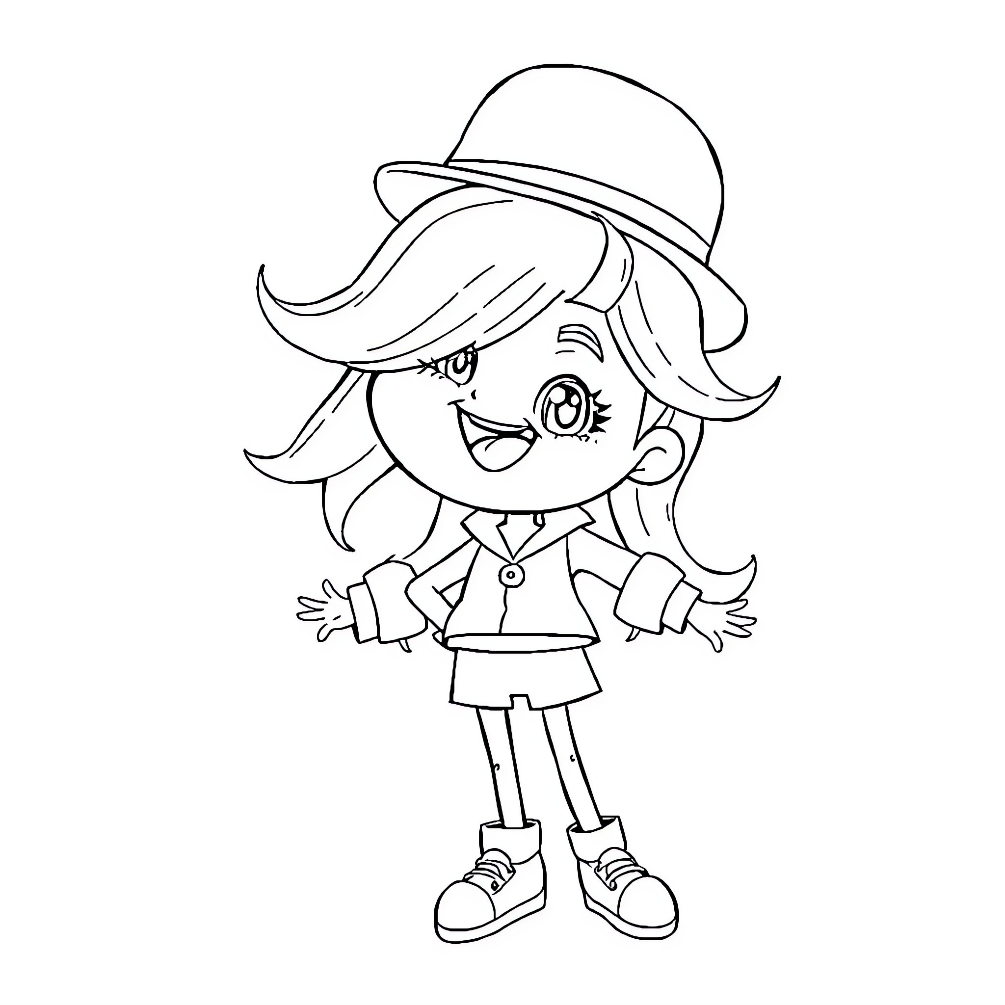 Dkv Girl wearing hat waving happily Coloring Page (free black-and-white line drawing printable PDF for all, from beginners to advanced learners, including children, teens, adults, and seniors)