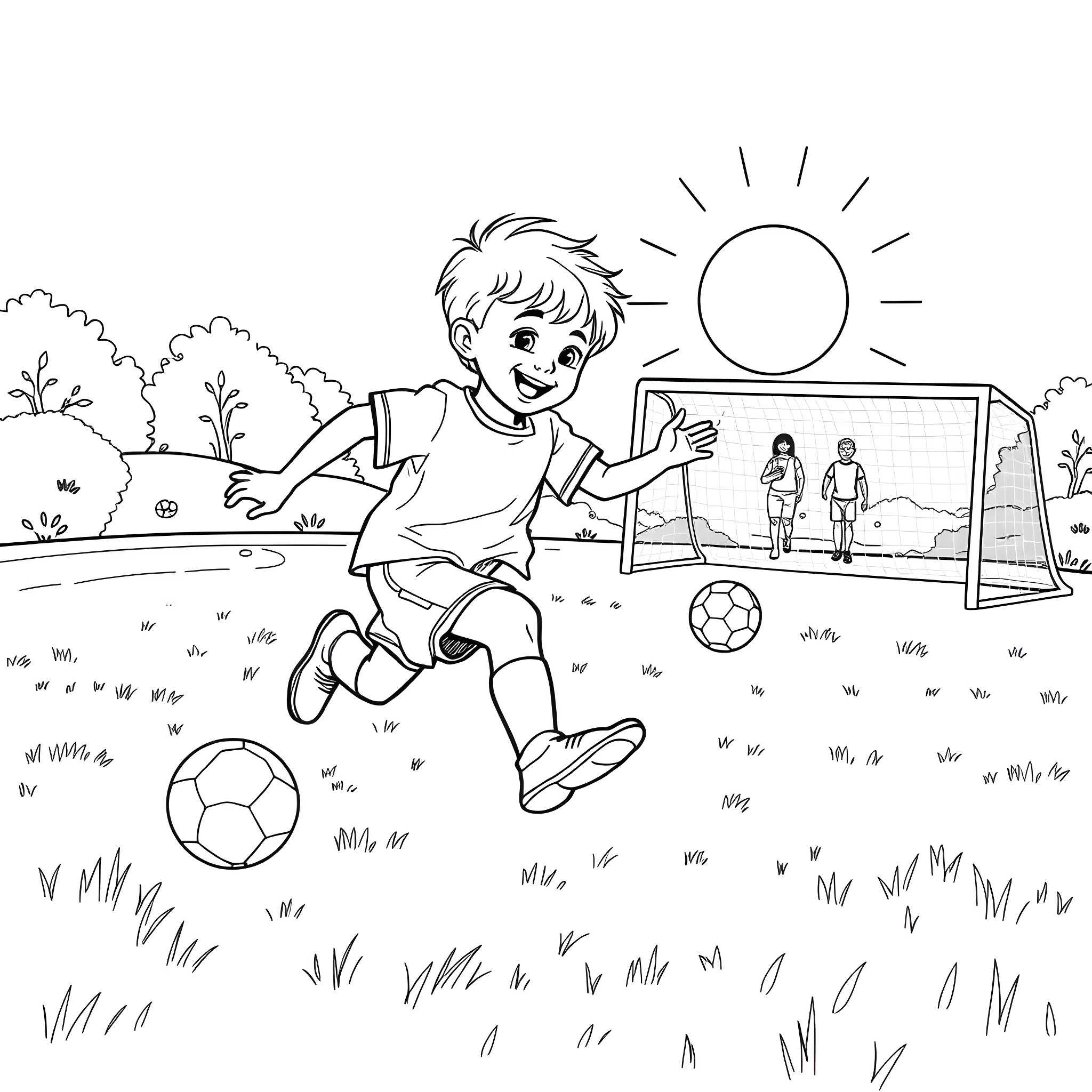 Child playing soccer joyfully on the field Coloring Page (free black-and-white line drawing printable PDF for all, from beginners to advanced learners, including children, teens, adults, and seniors)