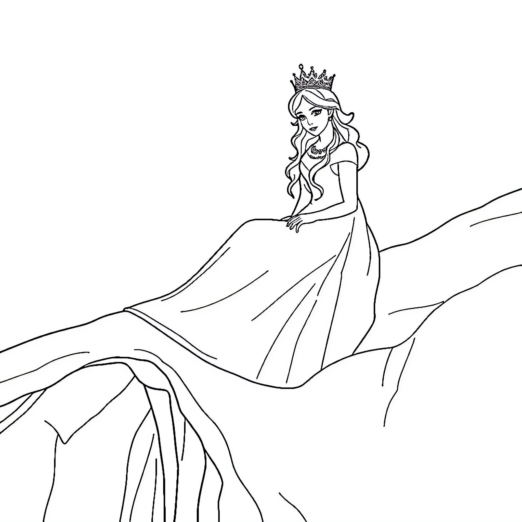 Reine des Neiges: Elegant Princess in Winter Wonderland Coloring Page (free black-and-white line drawing printable PDF for all, from beginners to advanced learners, including children, teens, adults, and seniors)