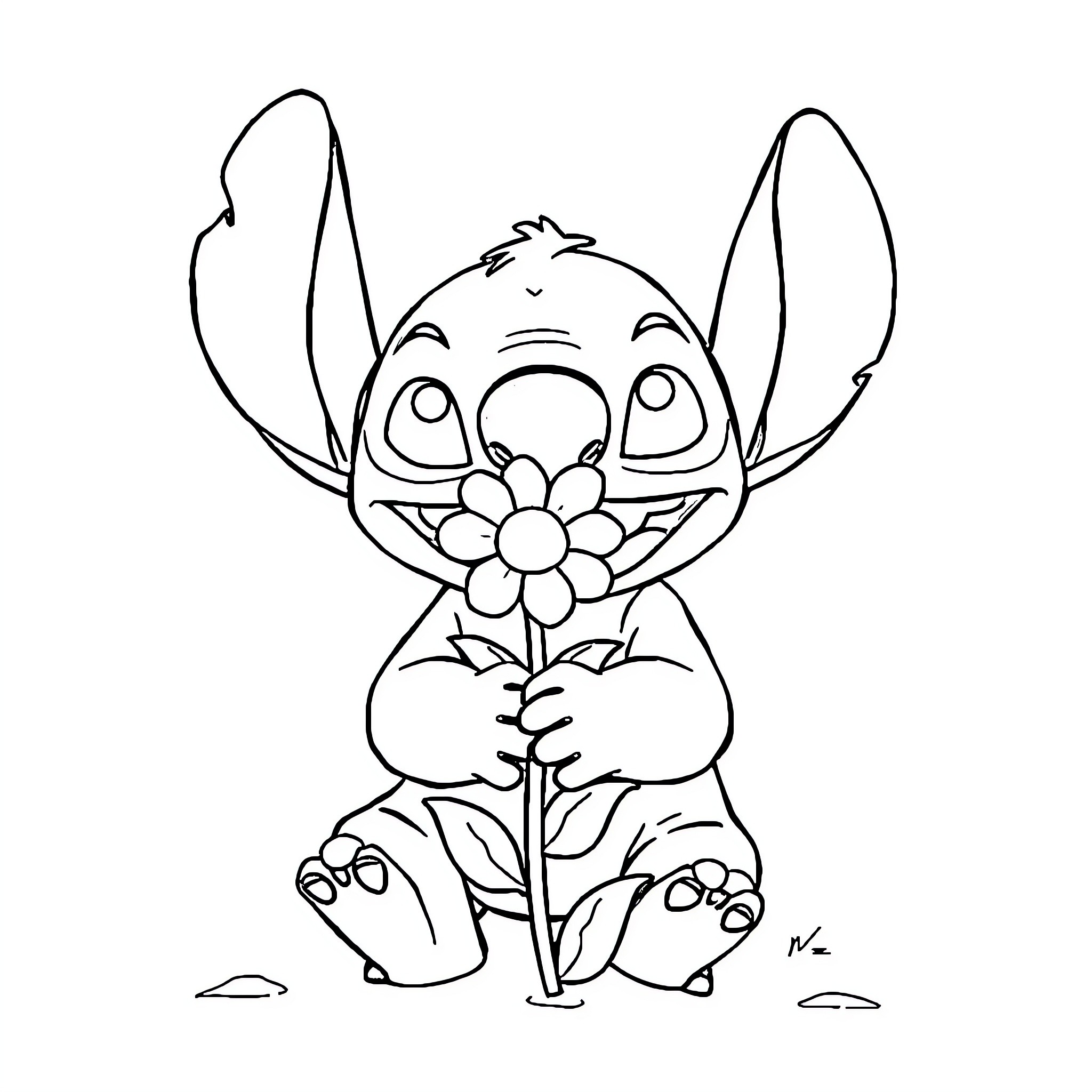 Stitch holding a flower with a curious expression Coloring Page (free black-and-white line drawing printable PDF for all, from beginners to advanced learners, including children, teens, adults, and seniors)