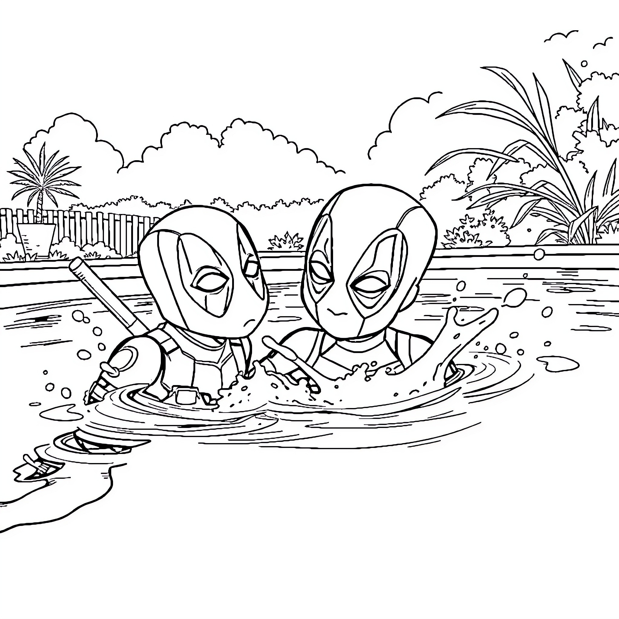 Deadpool characters playing in the water Coloring Page (free black-and-white line drawing printable PDF for all, from beginners to advanced learners, including children, teens, adults, and seniors)