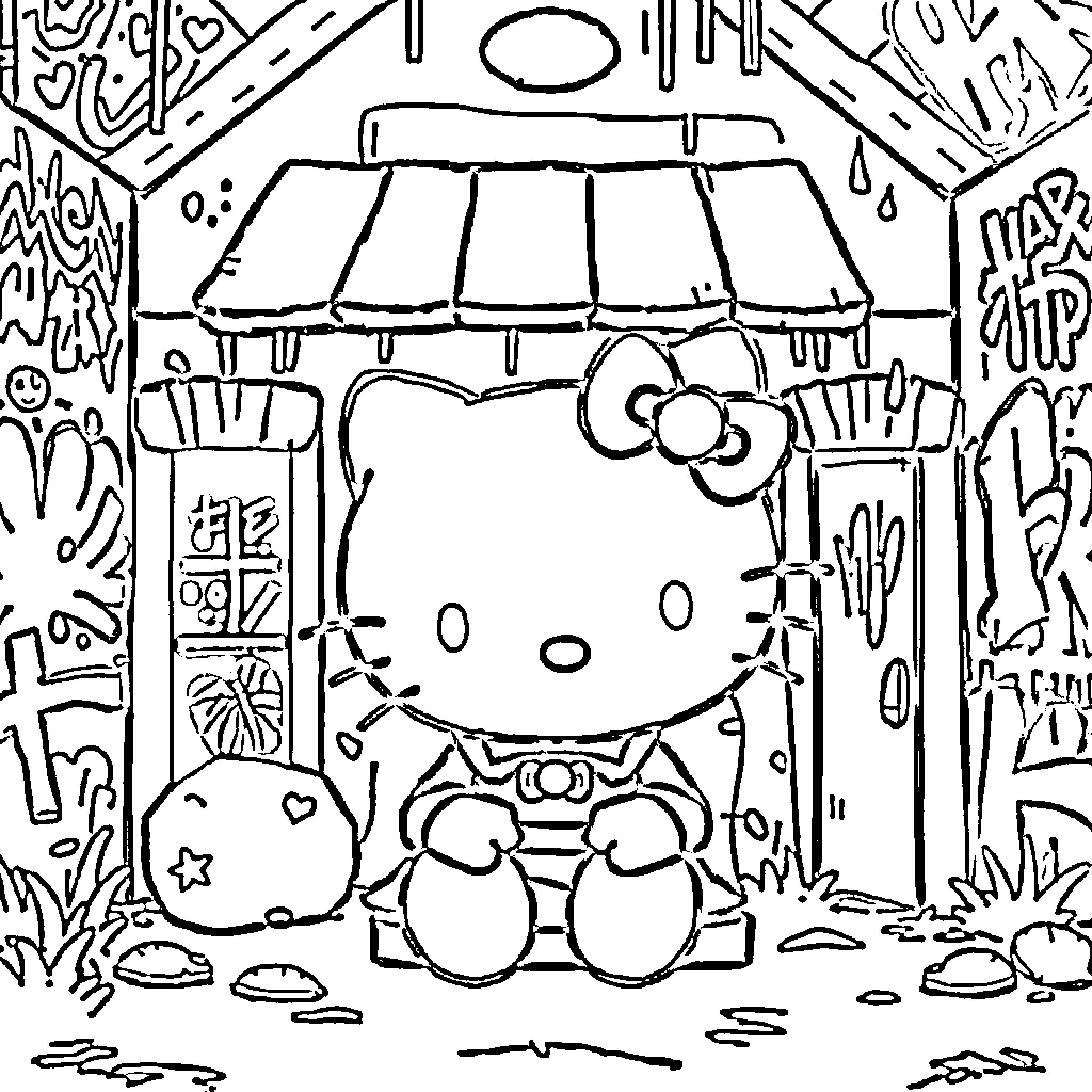 Hello Kitty enjoying a sunny day at the market Coloring Page (free black-and-white line drawing printable PDF for all, from beginners to advanced learners, including children, teens, adults, and seniors)