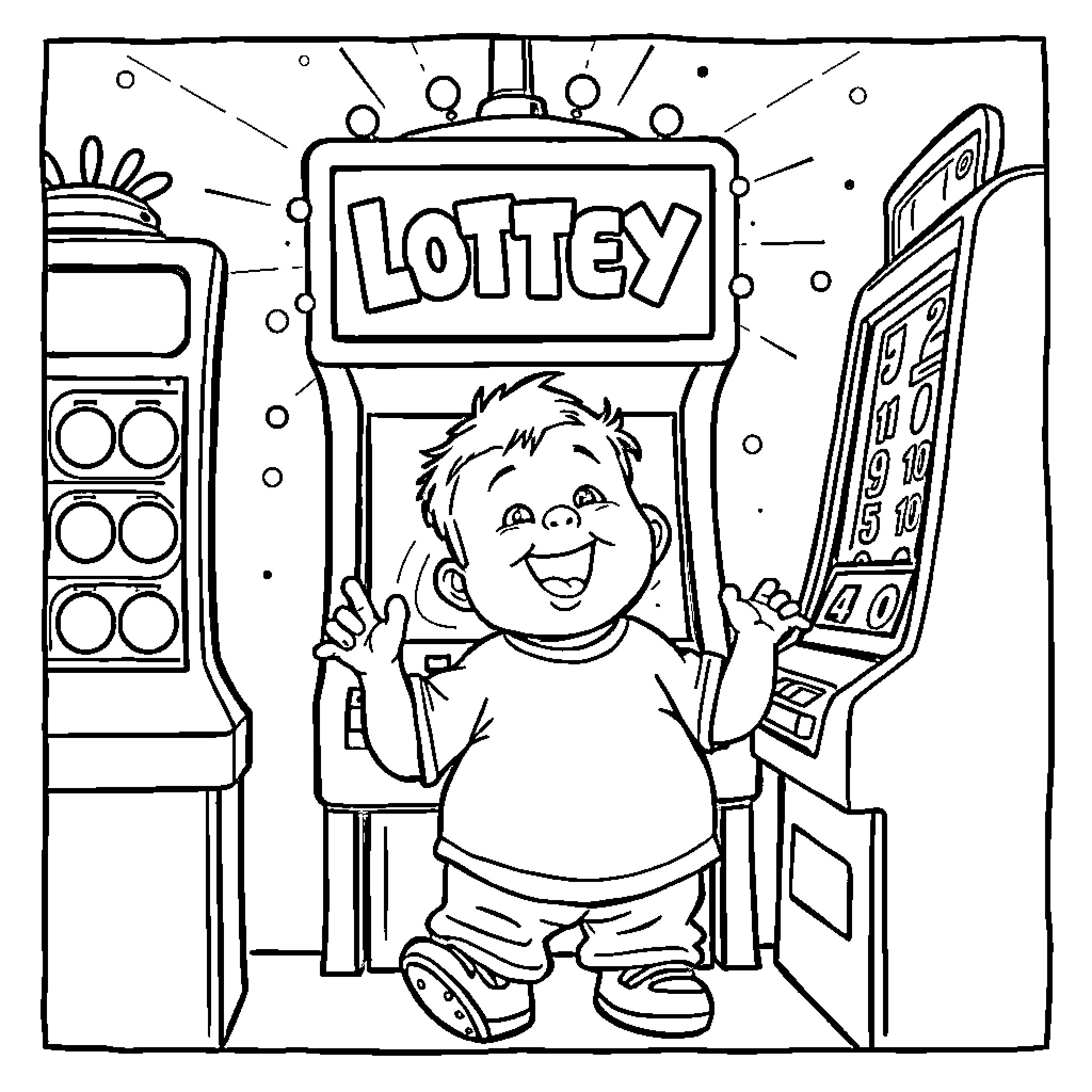 Boy playing happily at the lottery machine Coloring Page (free black-and-white line drawing printable PDF for all, from beginners to advanced learners, including children, teens, adults, and seniors)