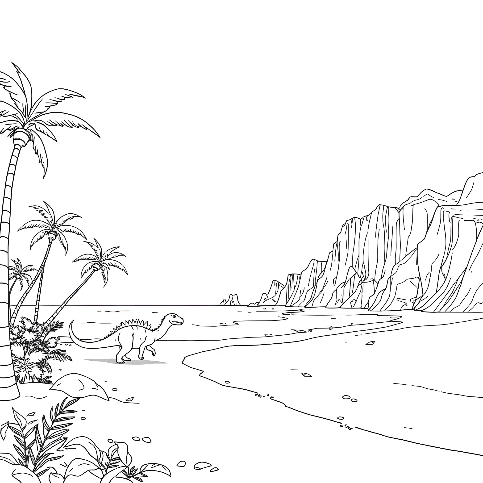 Jurassic Park dinosaur on a tropical beach Coloring Page (free black-and-white line drawing printable PDF for all, from beginners to advanced learners, including children, teens, adults, and seniors)