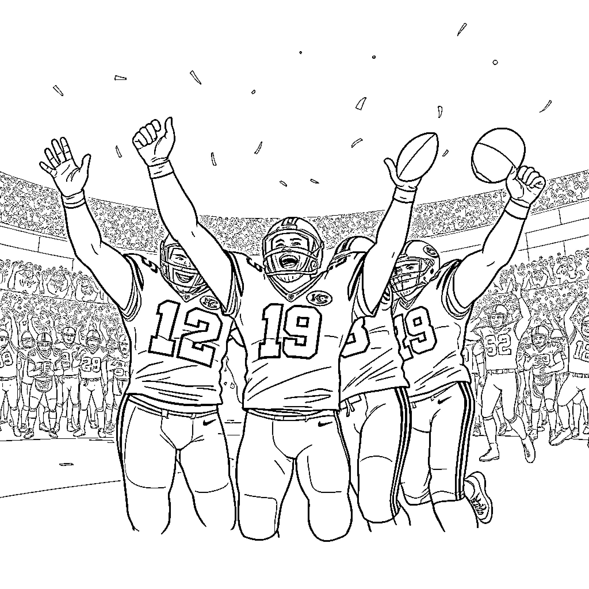 Kansas City Chiefs players celebrating victory on the field Coloring Page (free black-and-white line drawing printable PDF for all, from beginners to advanced learners, including children, teens, adults, and seniors)