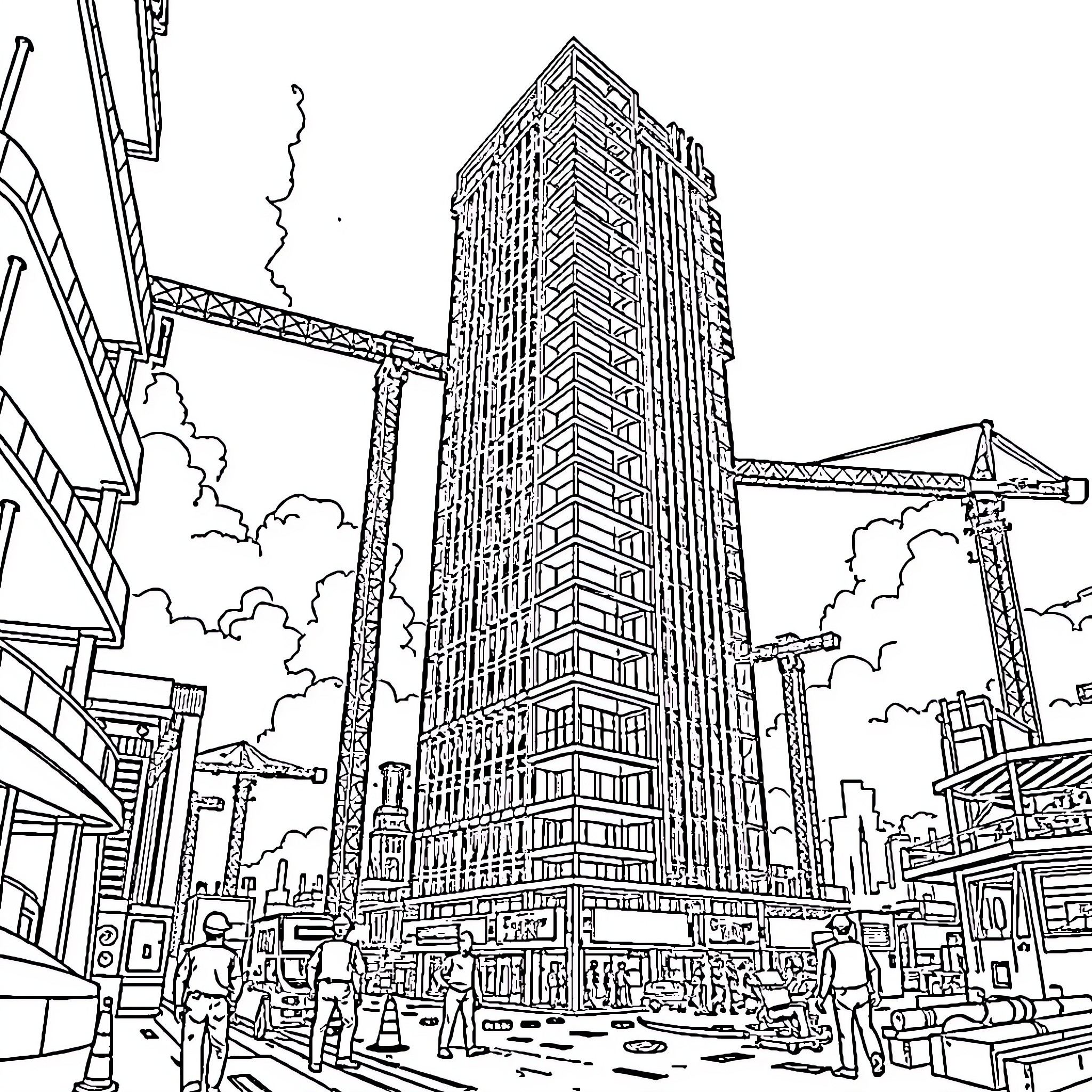 Building with construction cranes in a busy cityscape Coloring Page (free black-and-white line drawing printable PDF for all, from beginners to advanced learners, including children, teens, adults, and seniors)