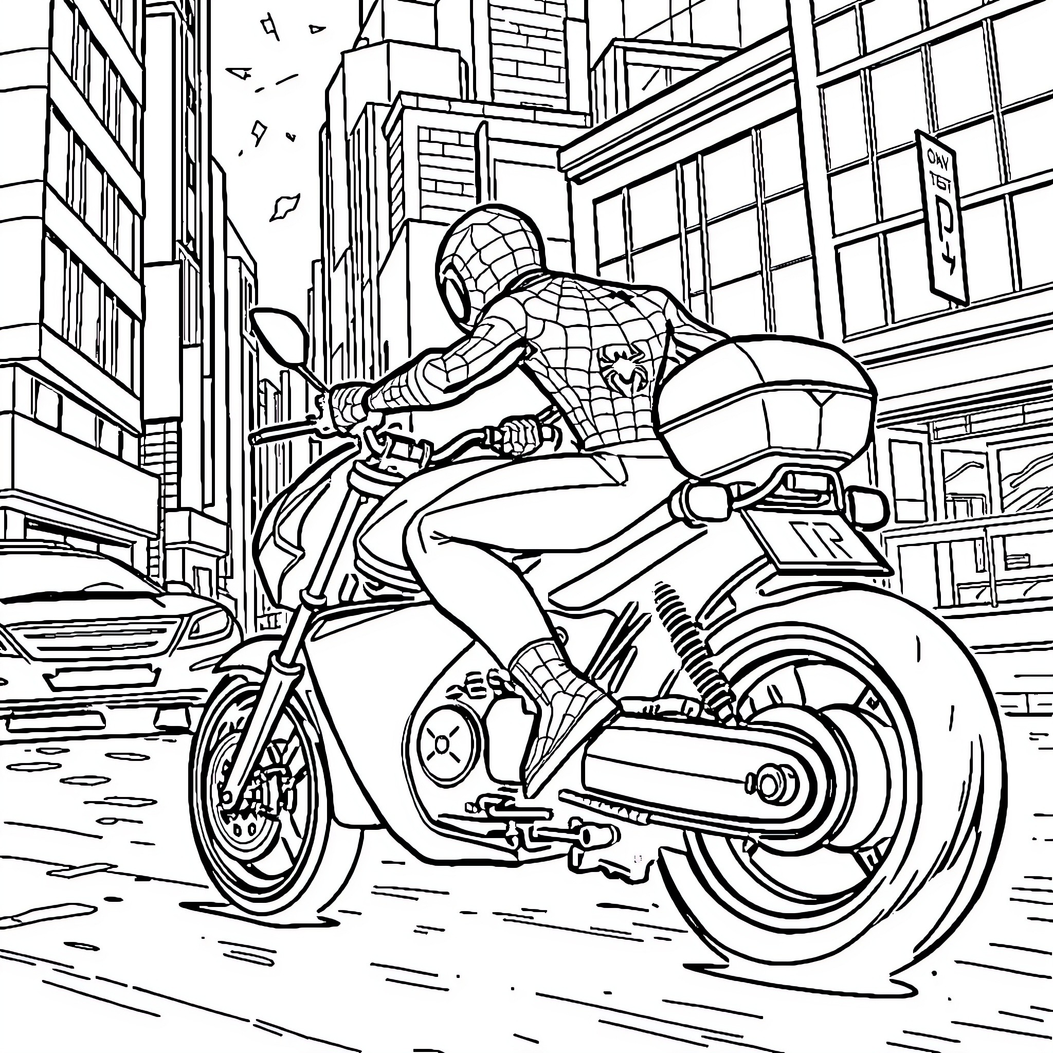 Spider-Man riding motorcycle in city Coloring Page (free black-and-white line drawing printable PDF for all, from beginners to advanced learners, including children, teens, adults, and seniors)