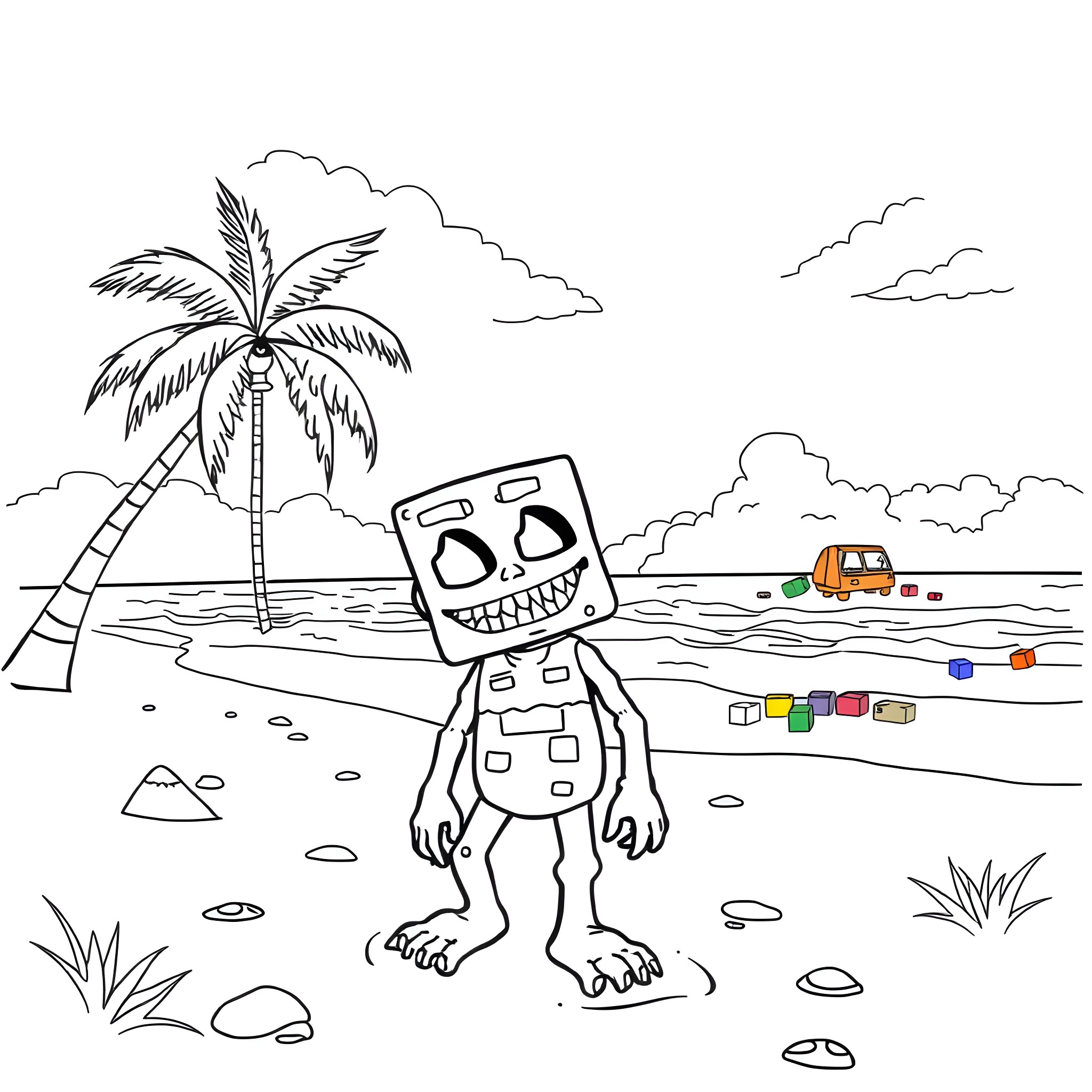 Creeper character exploring beach with palm trees Coloring Page (free black-and-white line drawing printable PDF for all, from beginners to advanced learners, including children, teens, adults, and seniors)