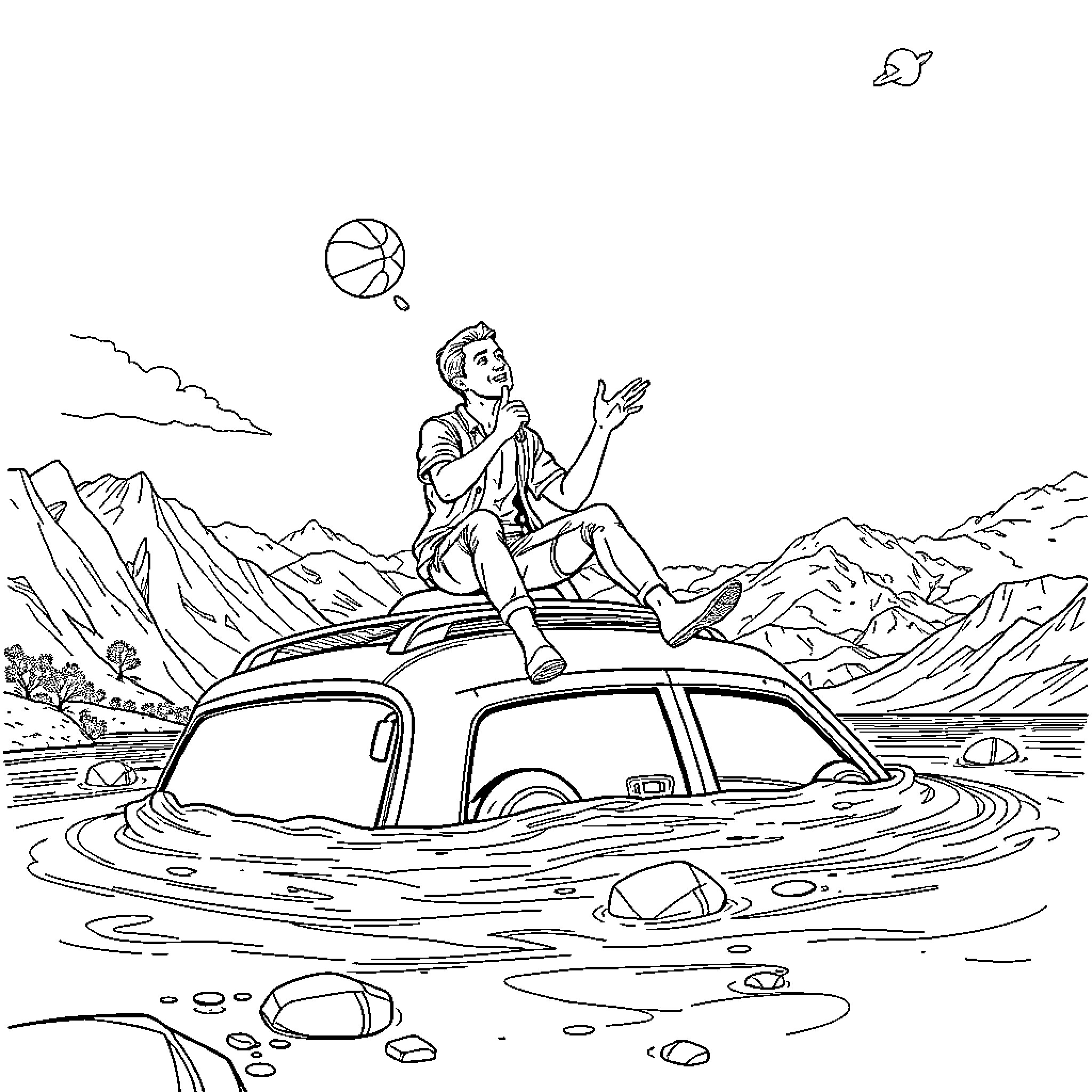 Man playing with basketball on car in flooded area Coloring Page (free black-and-white line drawing printable PDF for all, from beginners to advanced learners, including children, teens, adults, and seniors)