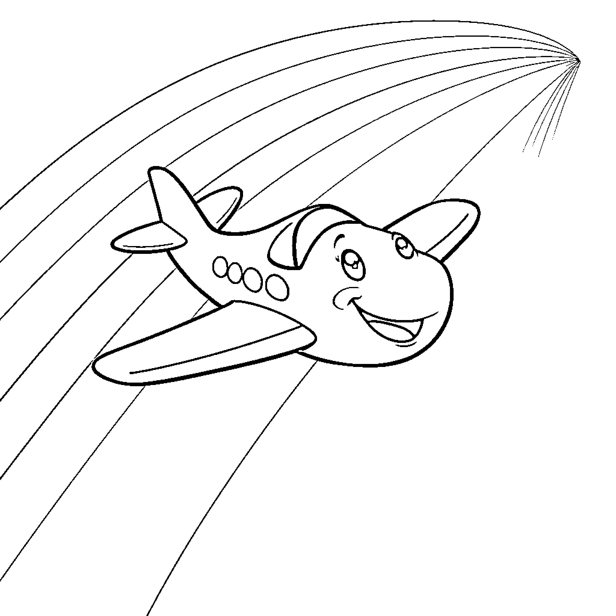 Plane flying happily in the sky Coloring Page (free black-and-white line drawing printable PDF for all, from beginners to advanced learners, including children, teens, adults, and seniors)