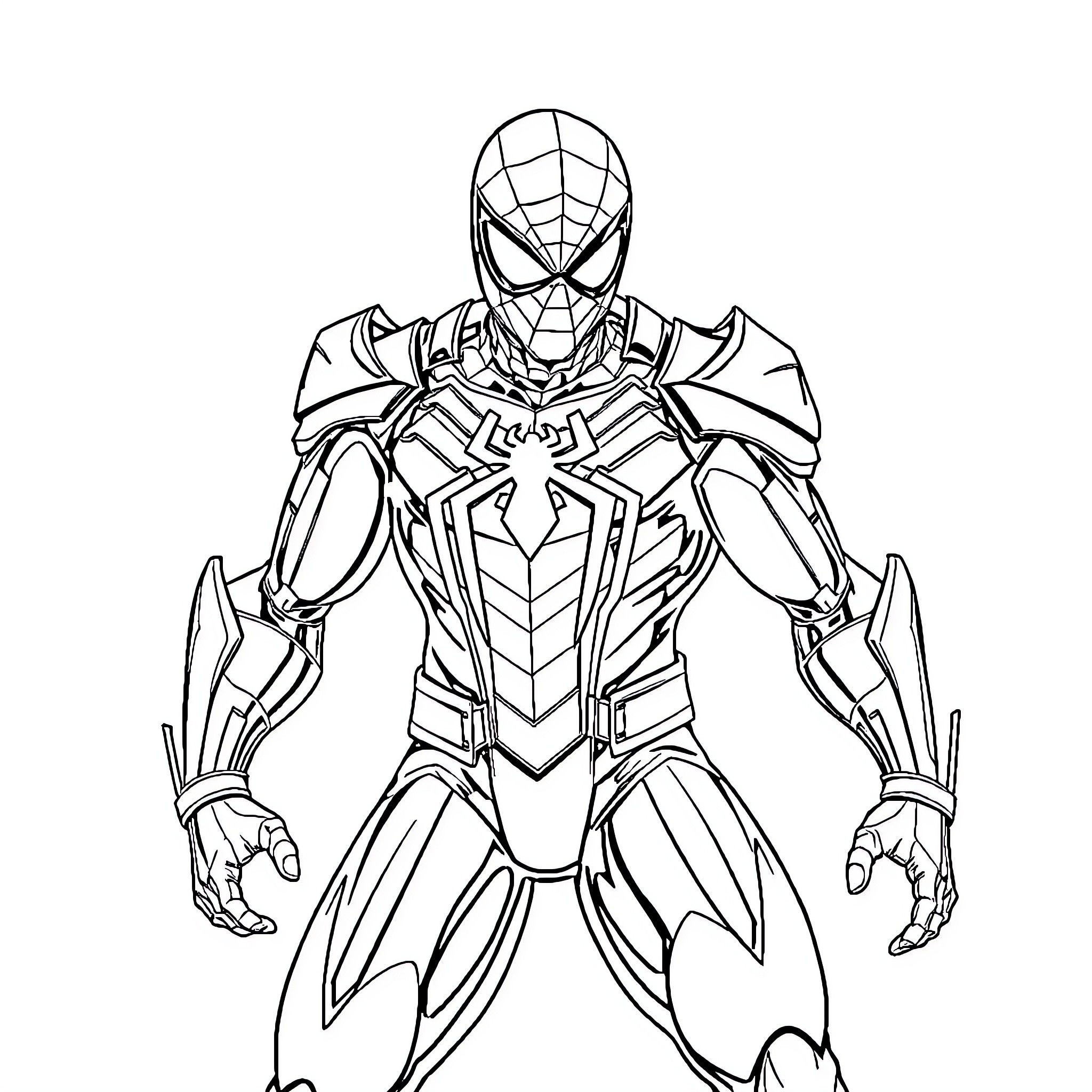Spiderman in Action-Packed Armor Pose Coloring Page (free black-and-white line drawing printable PDF for all, from beginners to advanced learners, including children, teens, adults, and seniors)