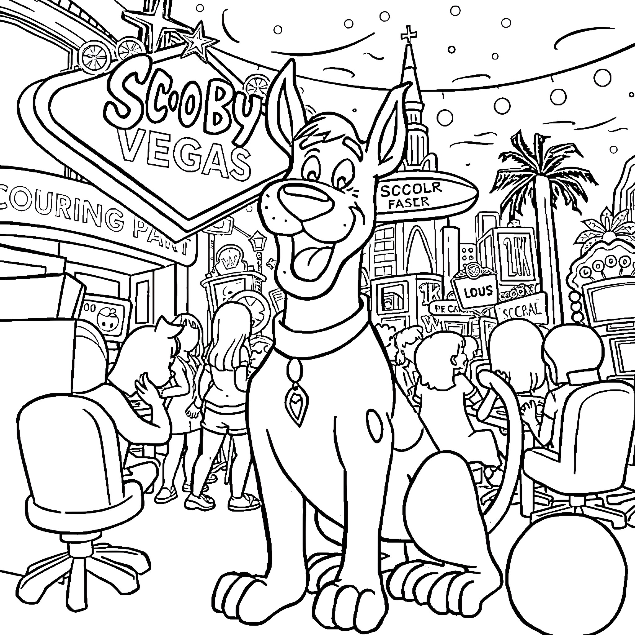 Scooby Doo's Exciting Adventure in Vegas Coloring Page (free black-and-white line drawing printable PDF for all, from beginners to advanced learners, including children, teens, adults, and seniors)