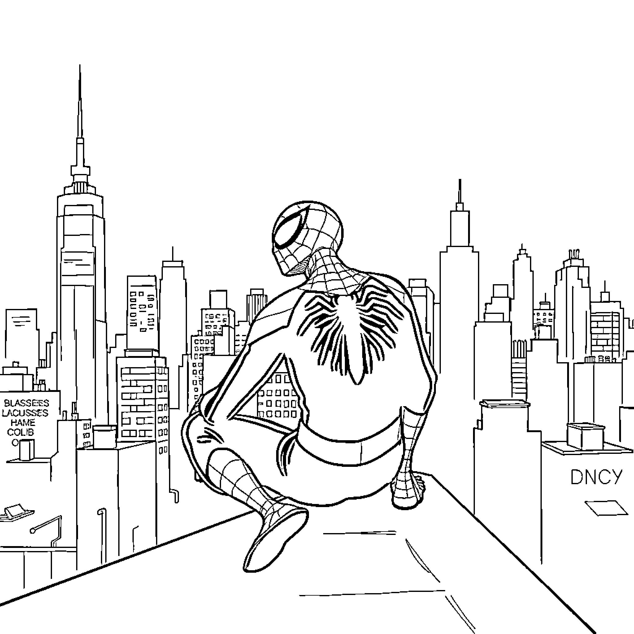 Spiderman swings above the city skyline Coloring Page (free black-and-white line drawing printable PDF for all, from beginners to advanced learners, including children, teens, adults, and seniors)