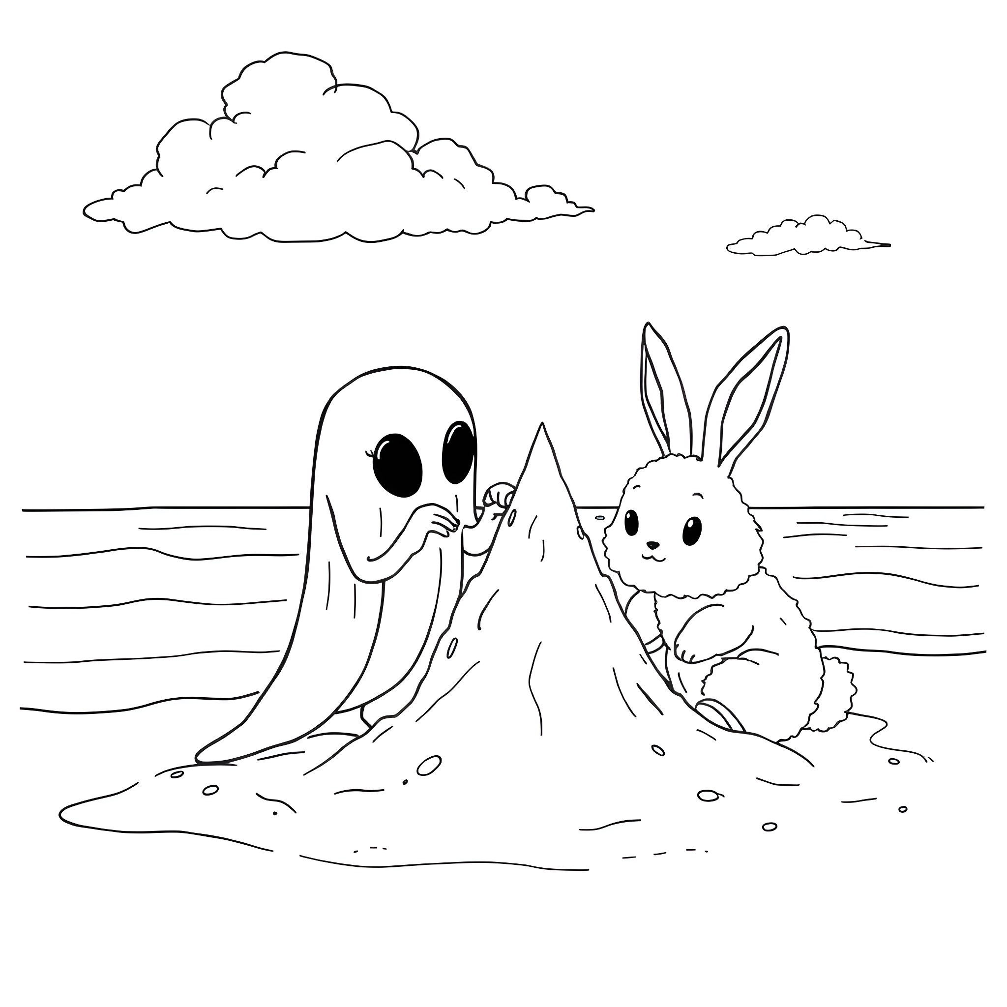 Spider-like character and rabbit playing on the beach Coloring Page (free black-and-white line drawing printable PDF for all, from beginners to advanced learners, including children, teens, adults, and seniors)