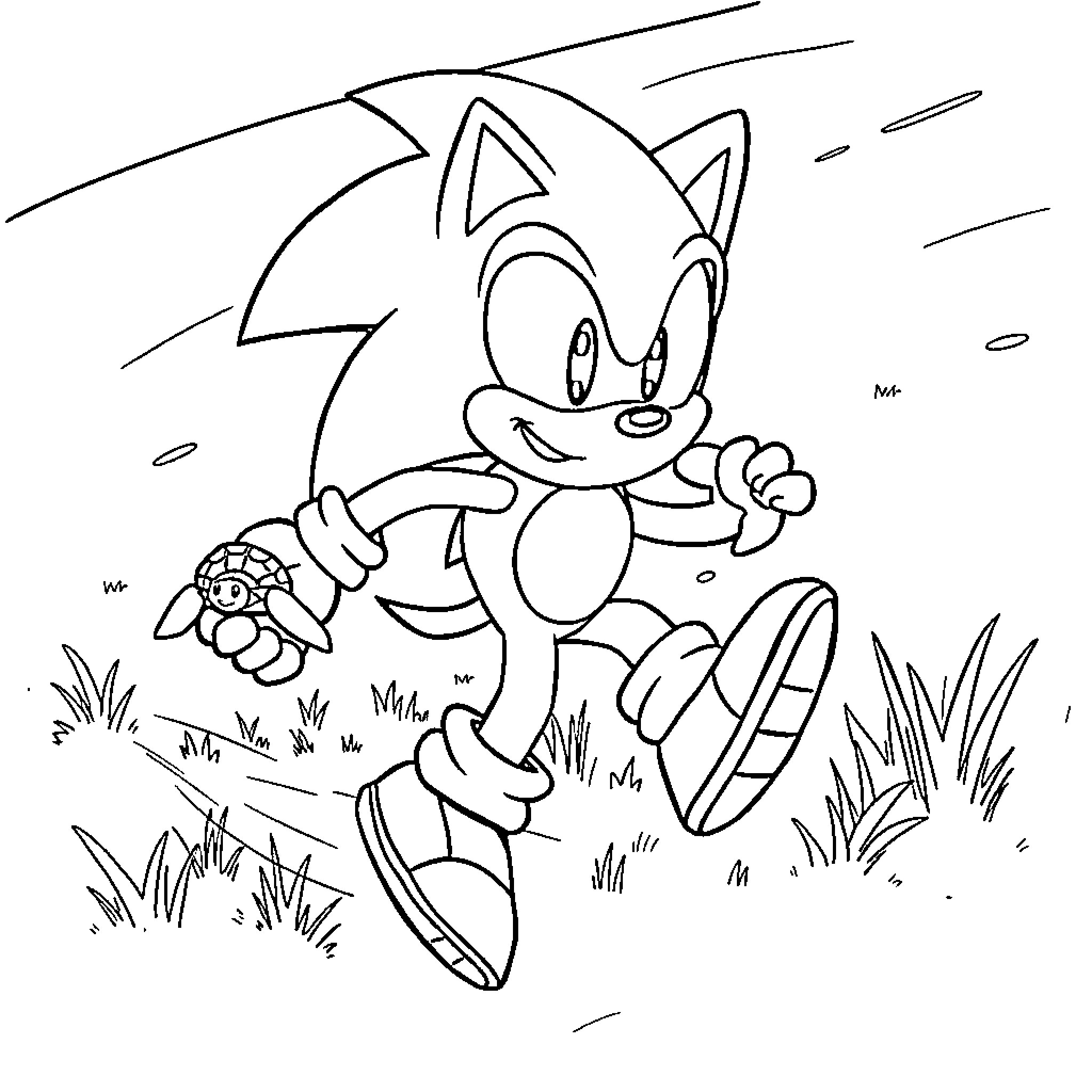 Sonic running with golden rings in field Coloring Page (free black-and-white line drawing printable PDF for all, from beginners to advanced learners, including children, teens, adults, and seniors)