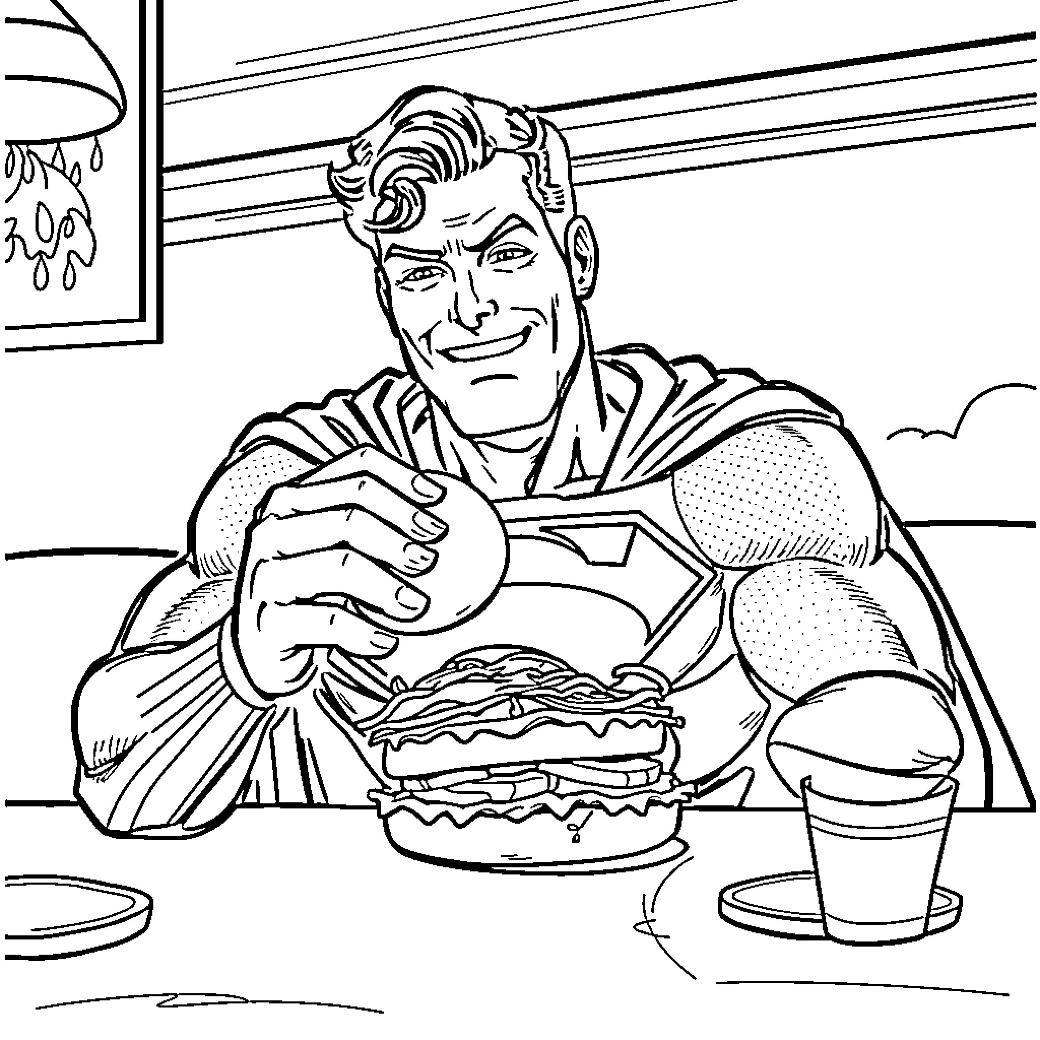 Superman Enjoying a Hearty Meal Coloring Page (free black-and-white line drawing printable PDF for all, from beginners to advanced learners, including children, teens, adults, and seniors)