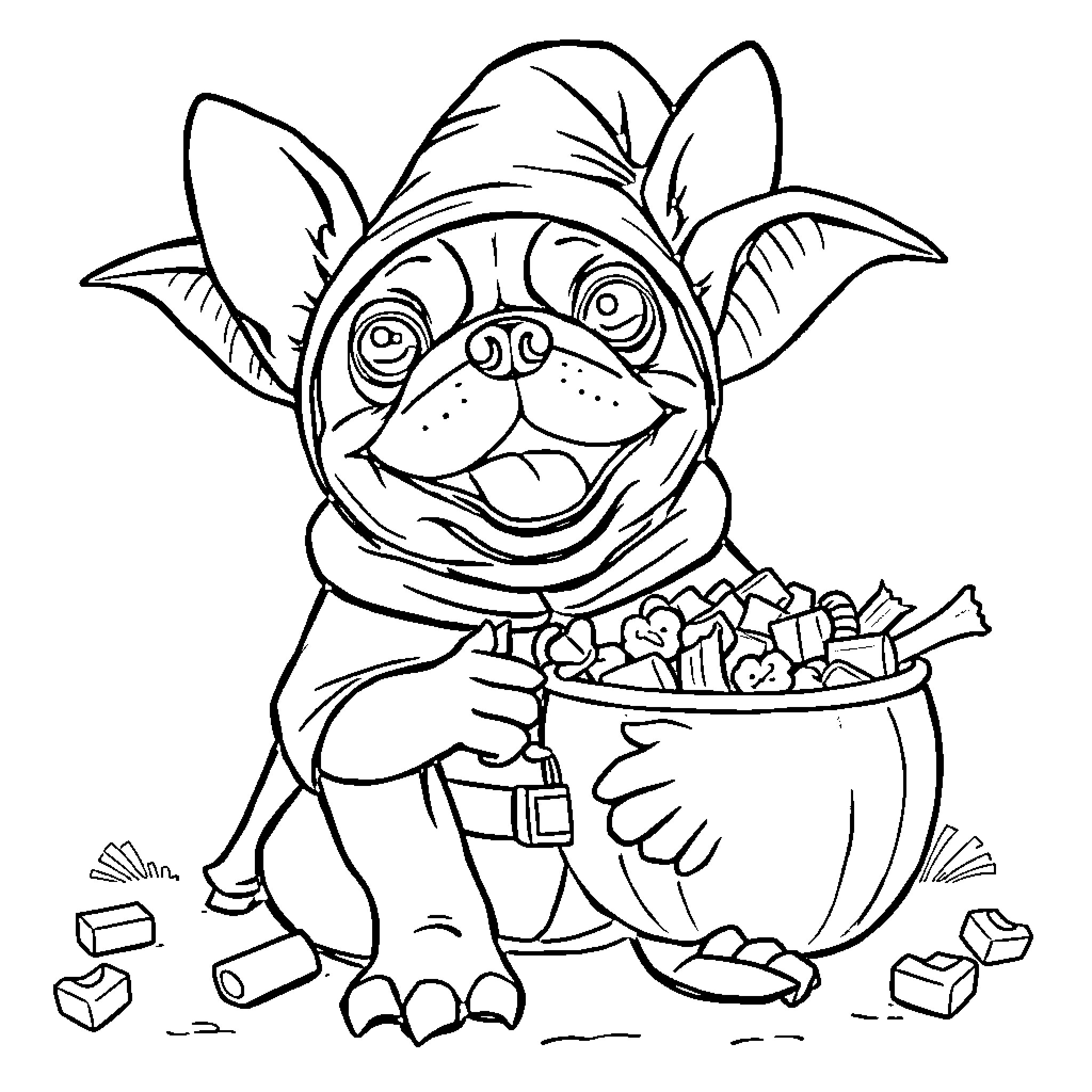 French Bulldog enjoying a tasty treat Coloring Page (free black-and-white line drawing printable PDF for all, from beginners to advanced learners, including children, teens, adults, and seniors)