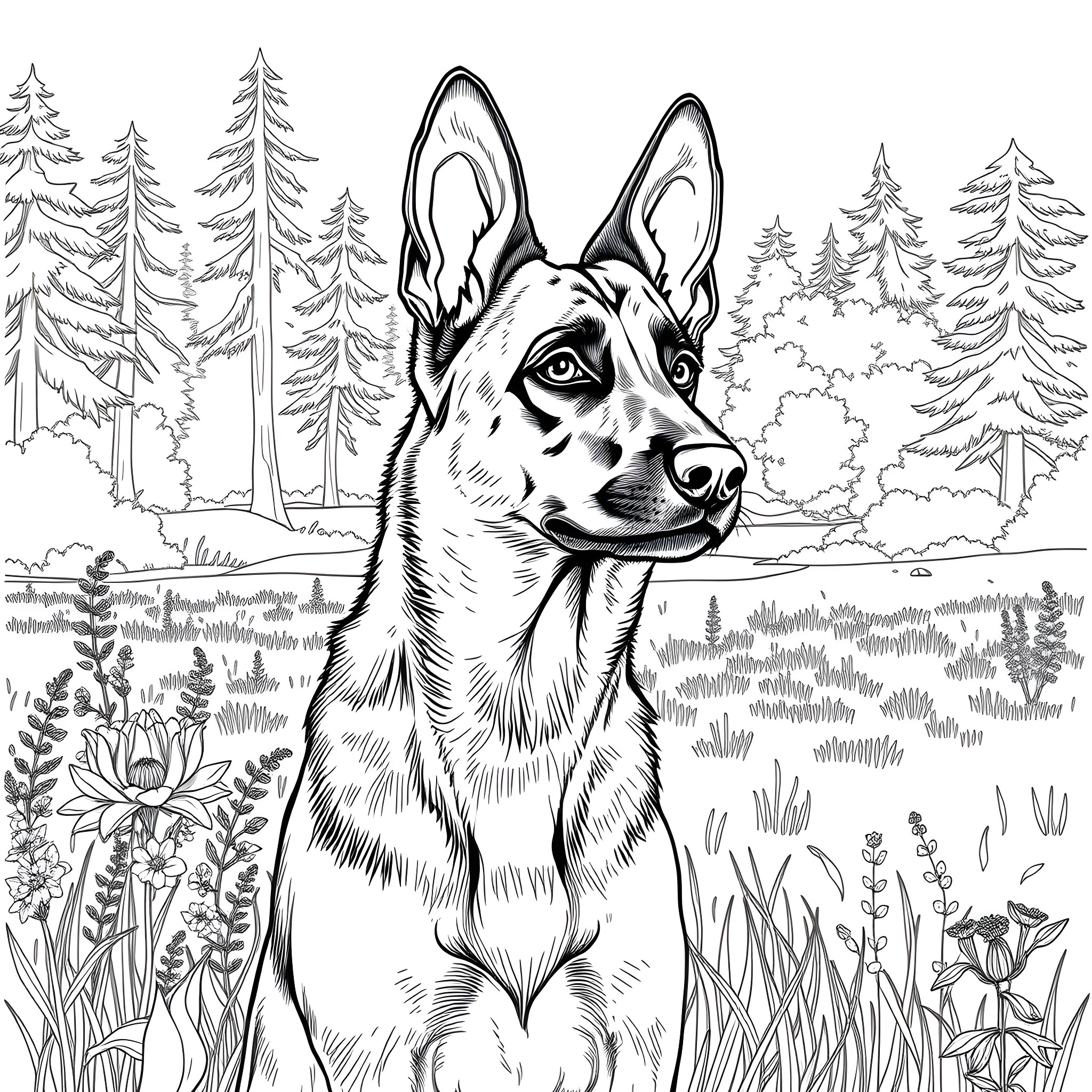 Malinois Shepherd in the Wilderness Coloring Page (free black-and-white line drawing printable PDF for all, from beginners to advanced learners, including children, teens, adults, and seniors)