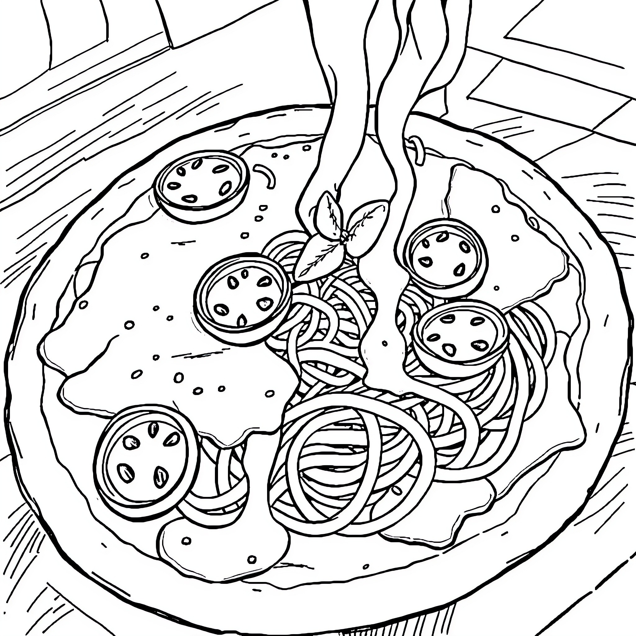 Pizza with Abstract Designs and Patterns Coloring Page (free black-and-white line drawing printable PDF for all, from beginners to advanced learners, including children, teens, adults, and seniors)