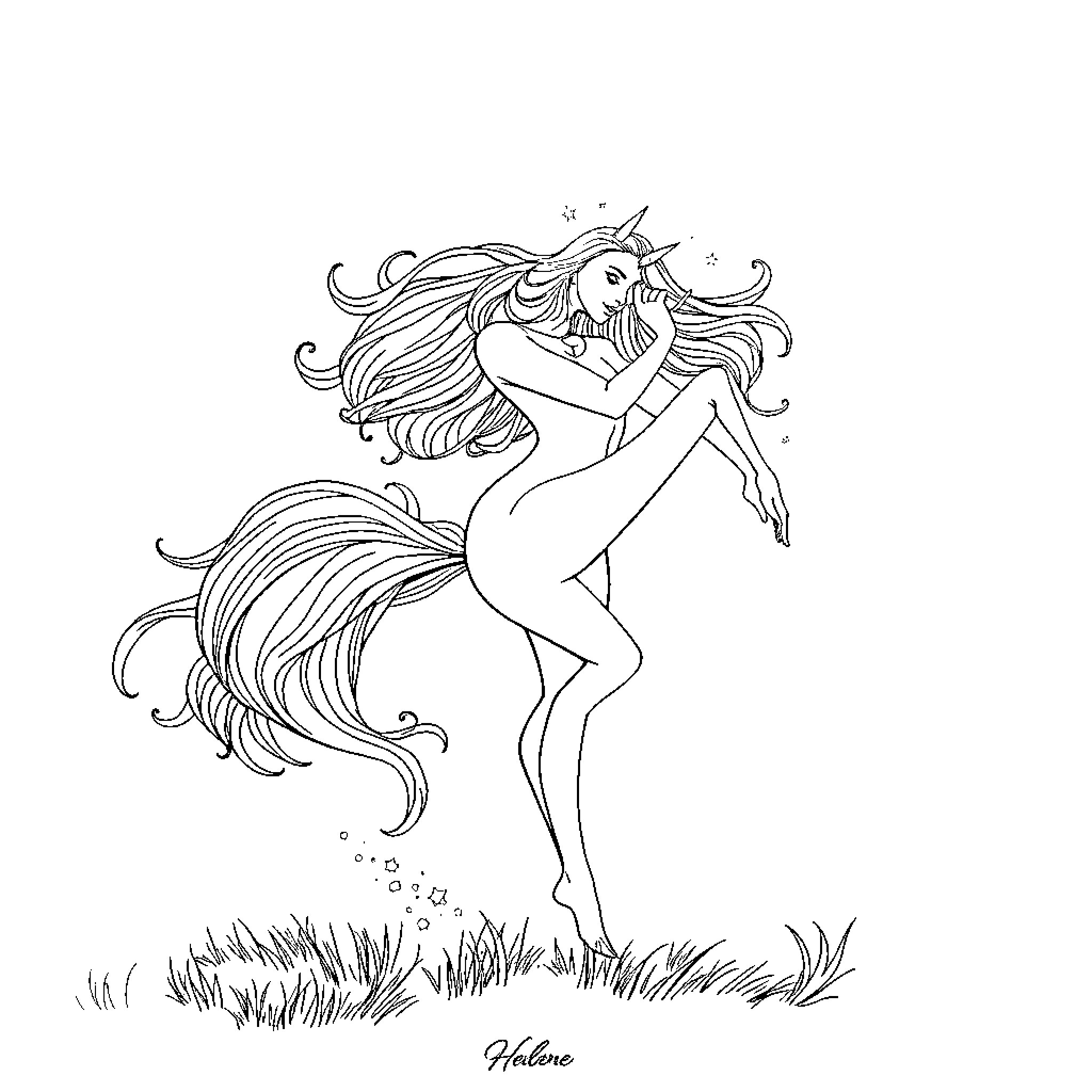 Huntrix unicorn embracing in the meadow Coloring Page (free black-and-white line drawing printable PDF for all, from beginners to advanced learners, including children, teens, adults, and seniors)