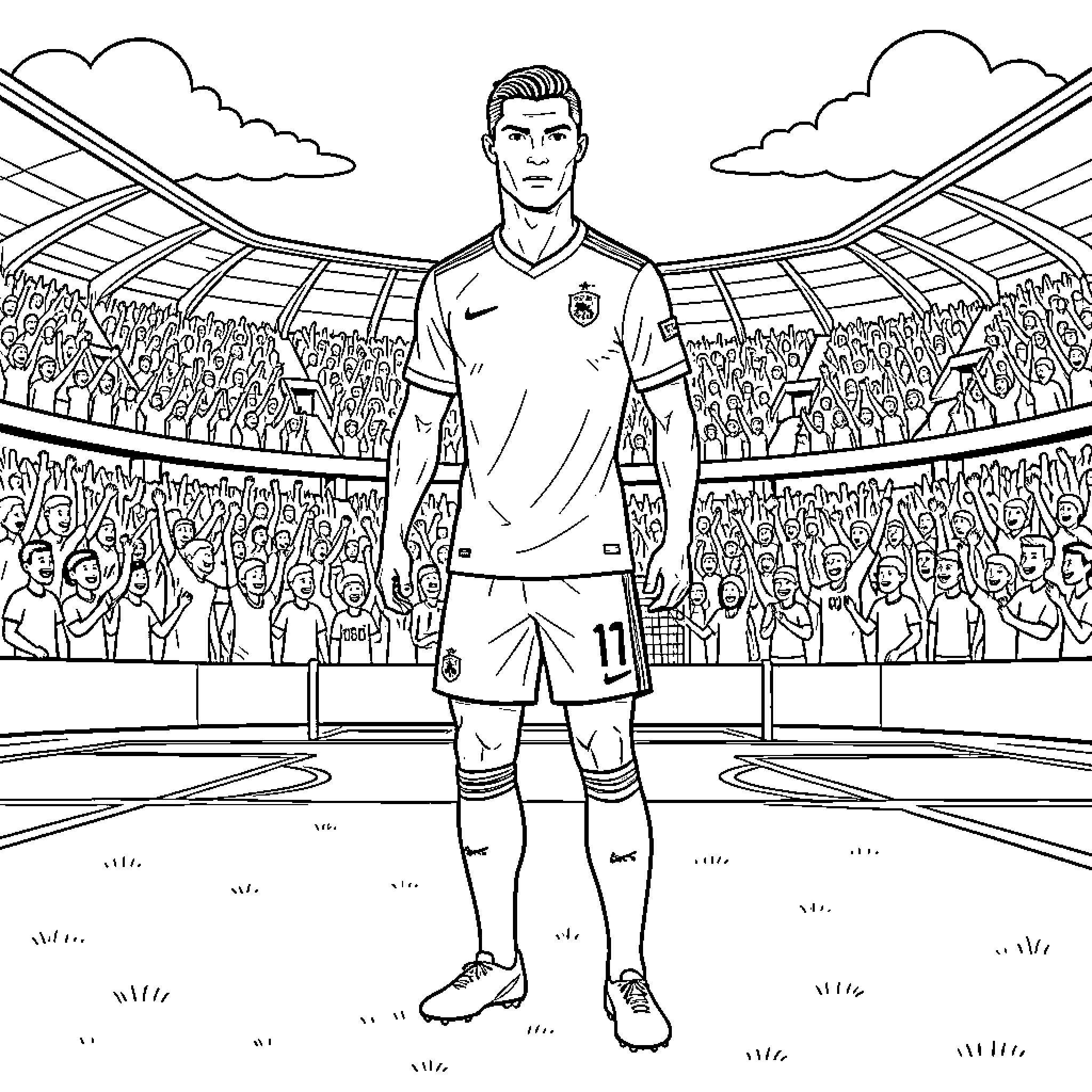 Cristiano Ronaldo standing confidently in a crowded football stadium Coloring Page (free black-and-white line drawing printable PDF for all, from beginners to advanced learners, including children, teens, adults, and seniors)