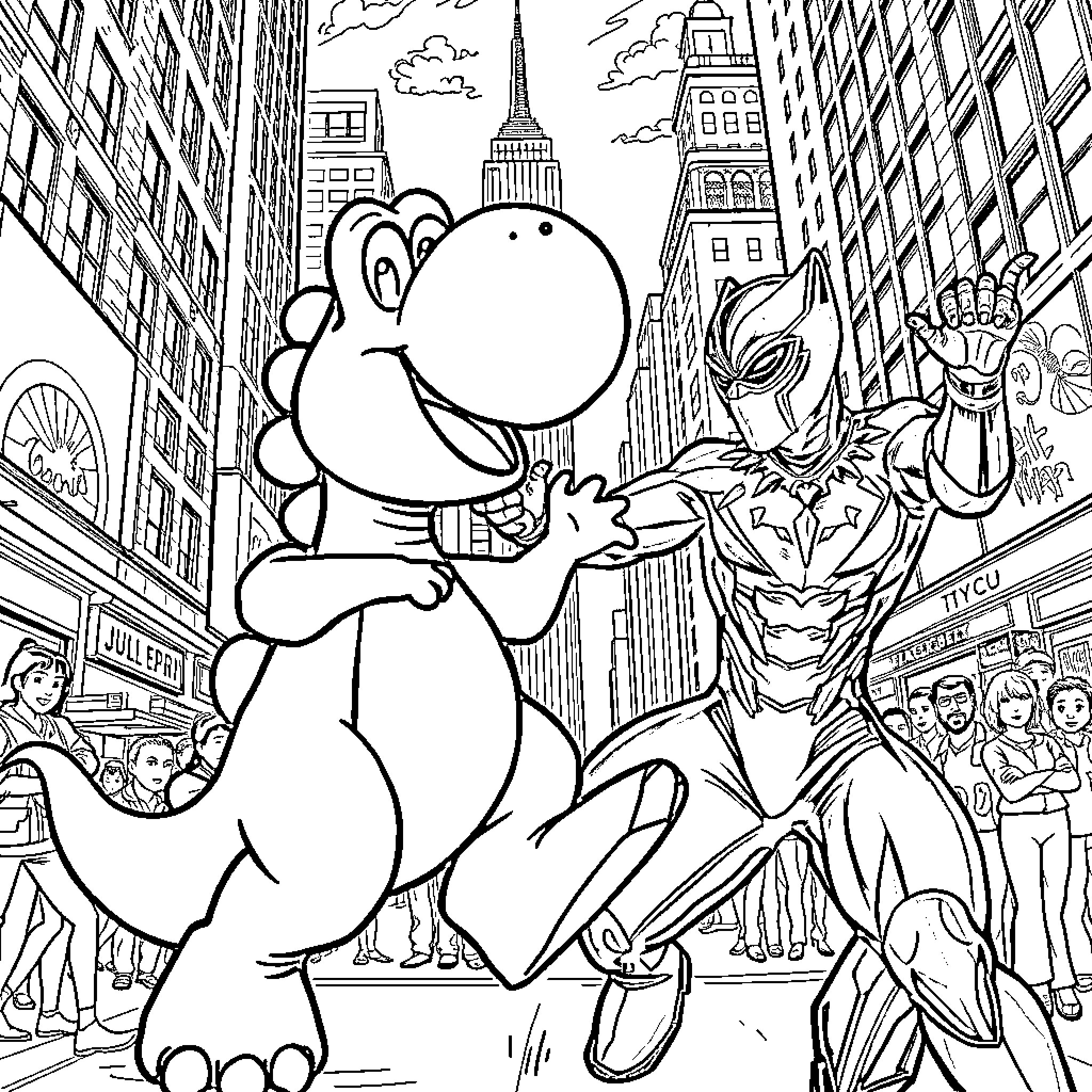 Yoshi explores the bustling city with a superhero friend Coloring Page (free black-and-white line drawing printable PDF for all, from beginners to advanced learners, including children, teens, adults, and seniors)