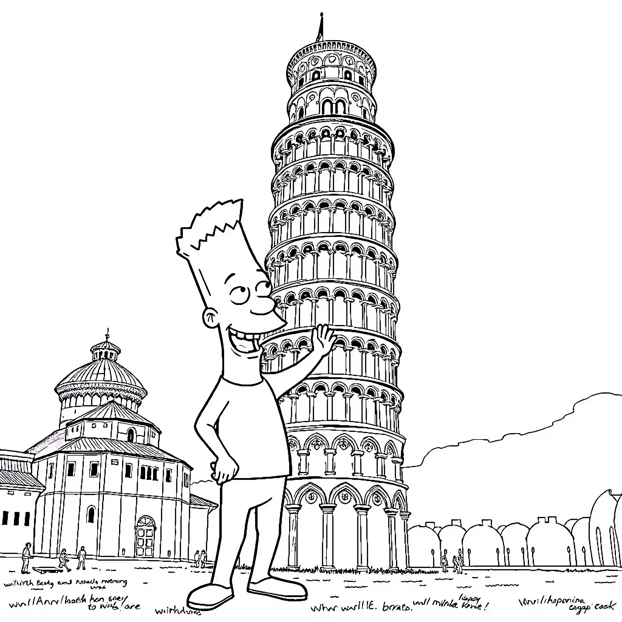 Borat poses in front of the Leaning Tower of Pisa Coloring Page (free black-and-white line drawing printable PDF for all, from beginners to advanced learners, including children, teens, adults, and seniors)
