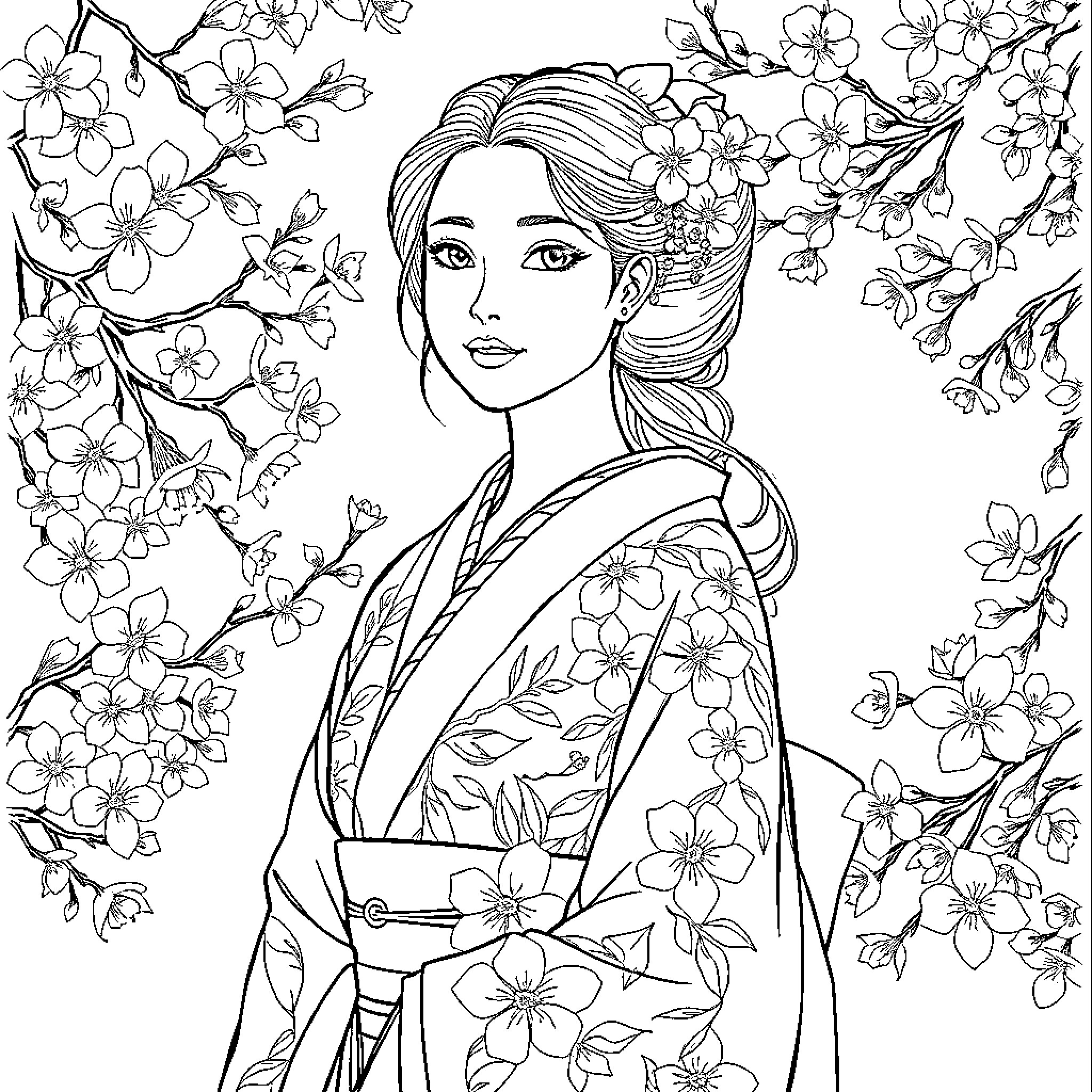 Woman in floral kimono surrounded by cherry blossoms Coloring Page (free black-and-white line drawing printable PDF for all, from beginners to advanced learners, including children, teens, adults, and seniors)