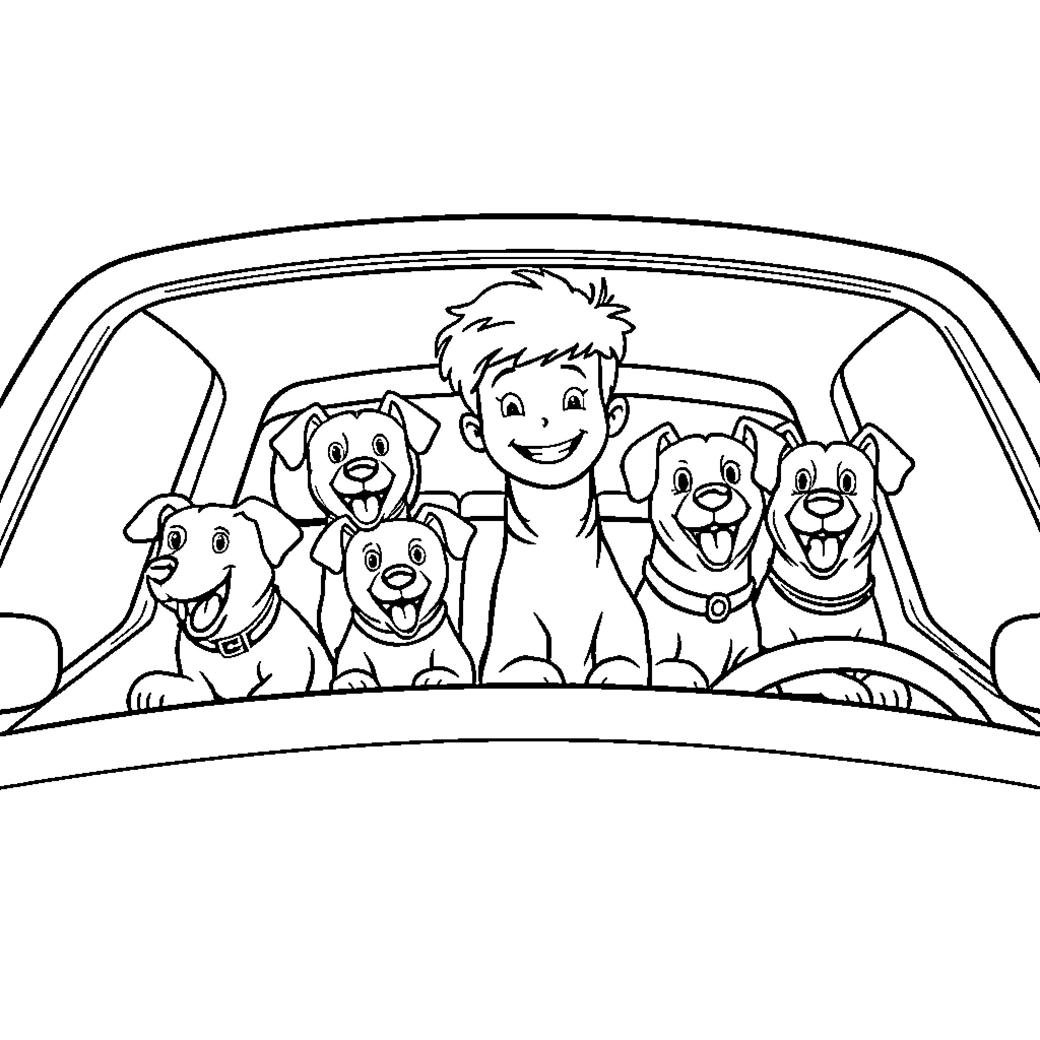 Car Full of Cheerful Pups and Owner Coloring Page (free black-and-white line drawing printable PDF for all, from beginners to advanced learners, including children, teens, adults, and seniors)