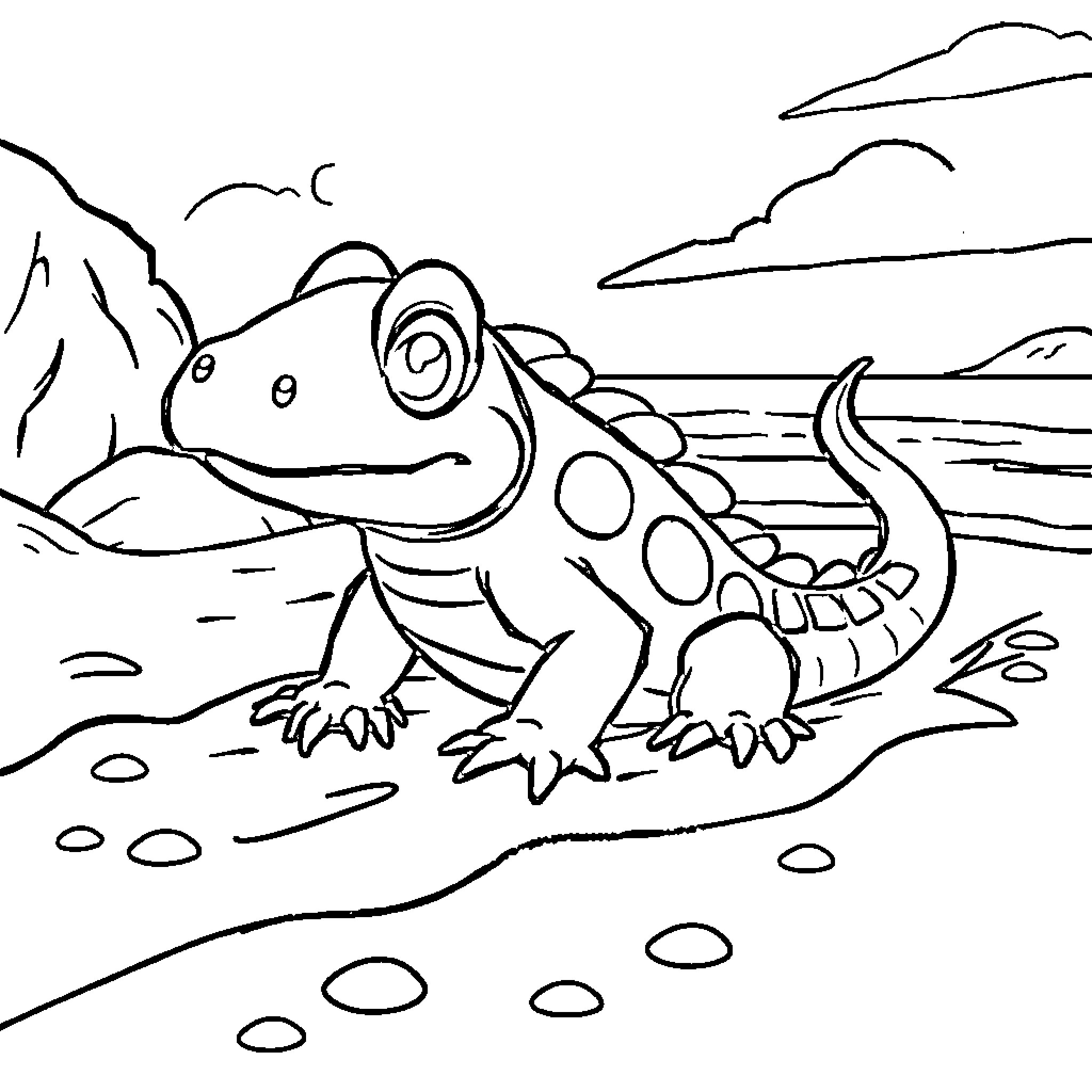 Baby Dragon exploring the magical landscape Coloring Page (free black-and-white line drawing printable PDF for all, from beginners to advanced learners, including children, teens, adults, and seniors)