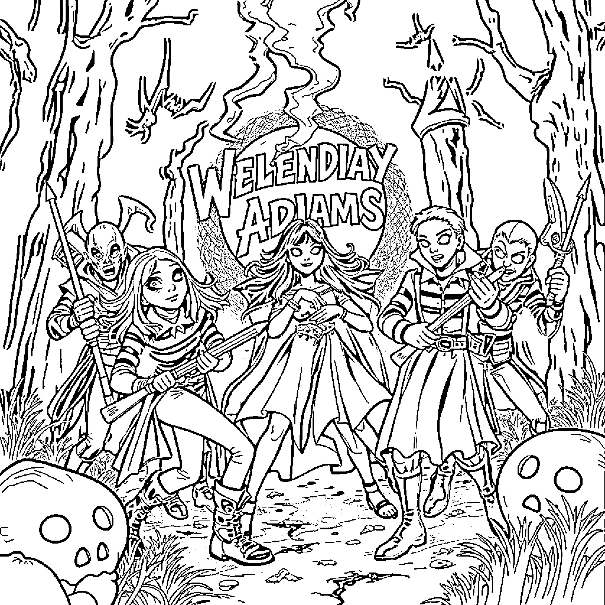 Demon Hunter Warriors in Action Adventure Coloring Page (free black-and-white line drawing printable PDF for all, from beginners to advanced learners, including children, teens, adults, and seniors)