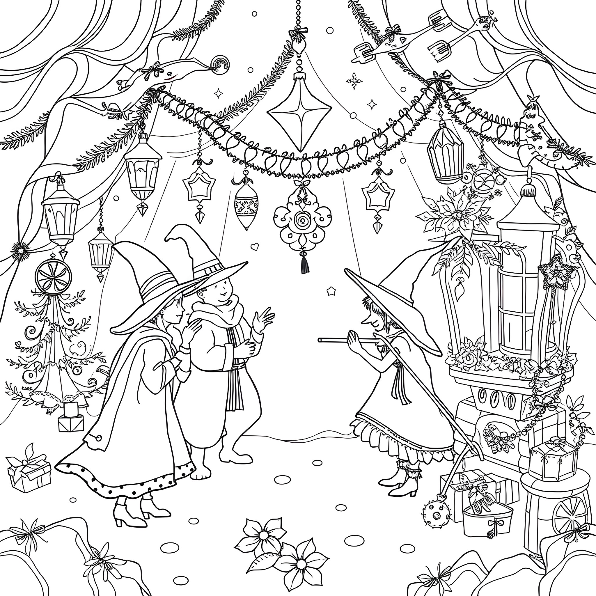 Wicked Witches in a Magical Winter Wonderland Coloring Page (free black-and-white line drawing printable PDF for all, from beginners to advanced learners, including children, teens, adults, and seniors)